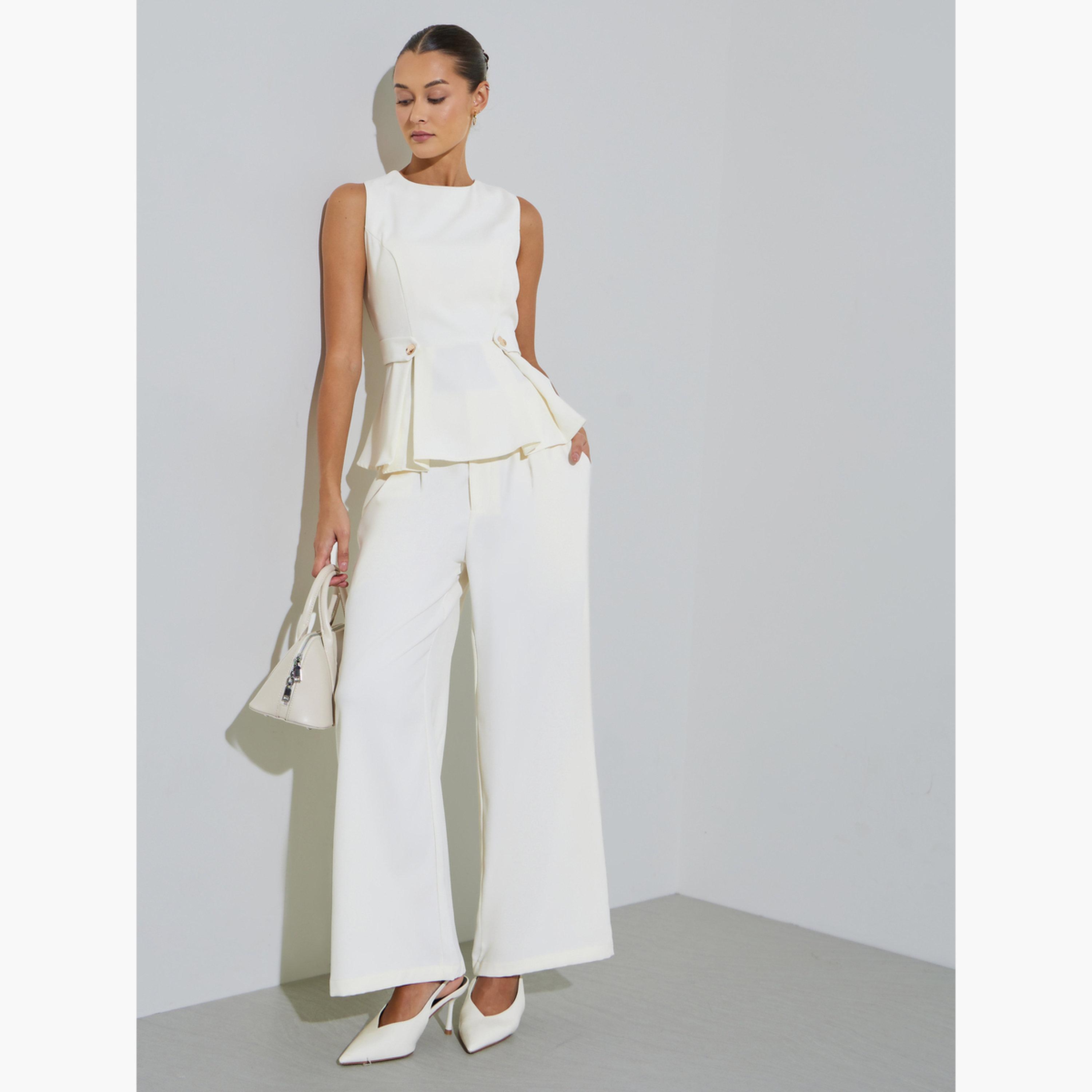 بنطال بأرجل واسعة وبكسرات بلون سادة لون أوف وايت-women-clothing-bottoms-trousers-image-2