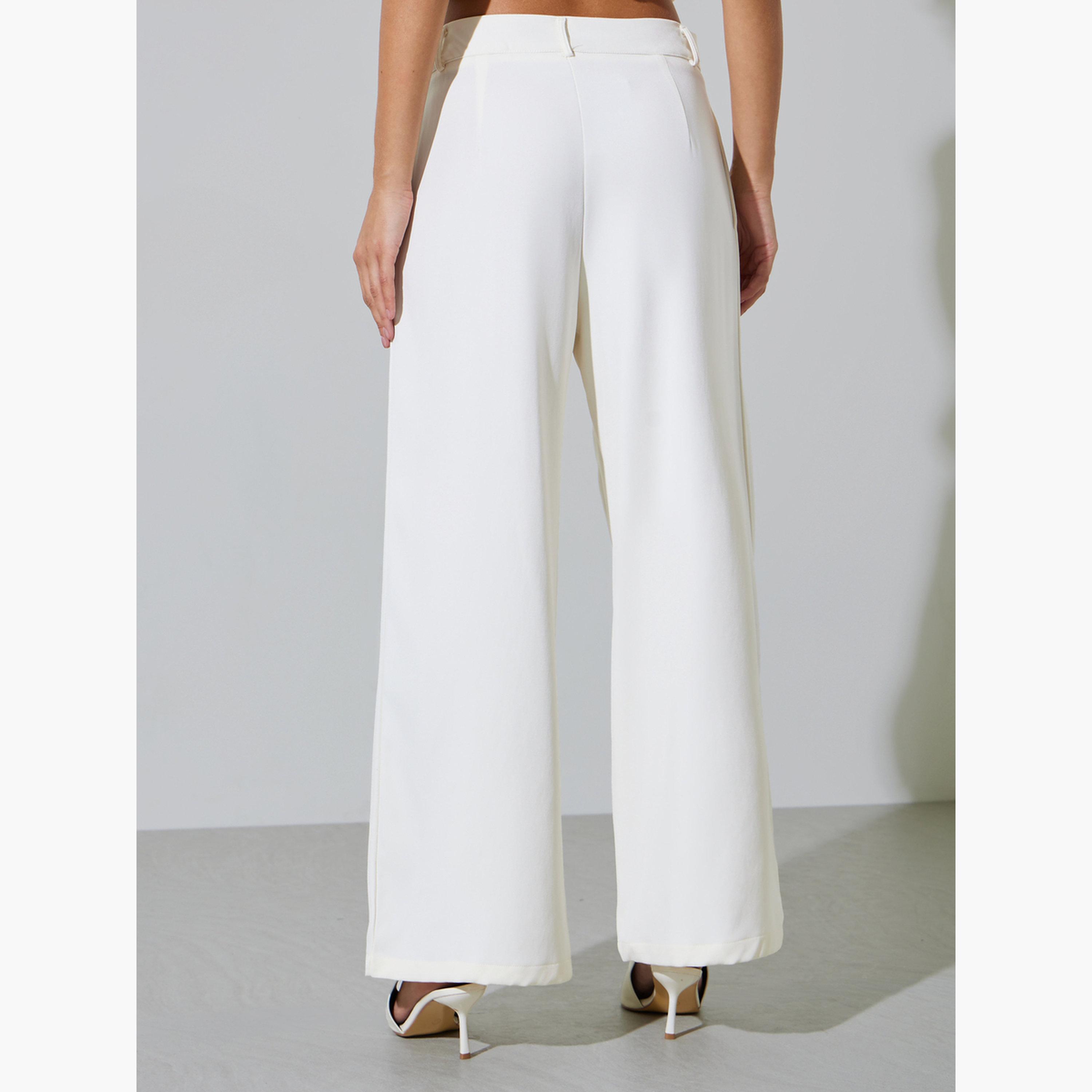 بنطال بأرجل واسعة وبكسرات بلون سادة لون أوف وايت-women-clothing-bottoms-trousers-image-4