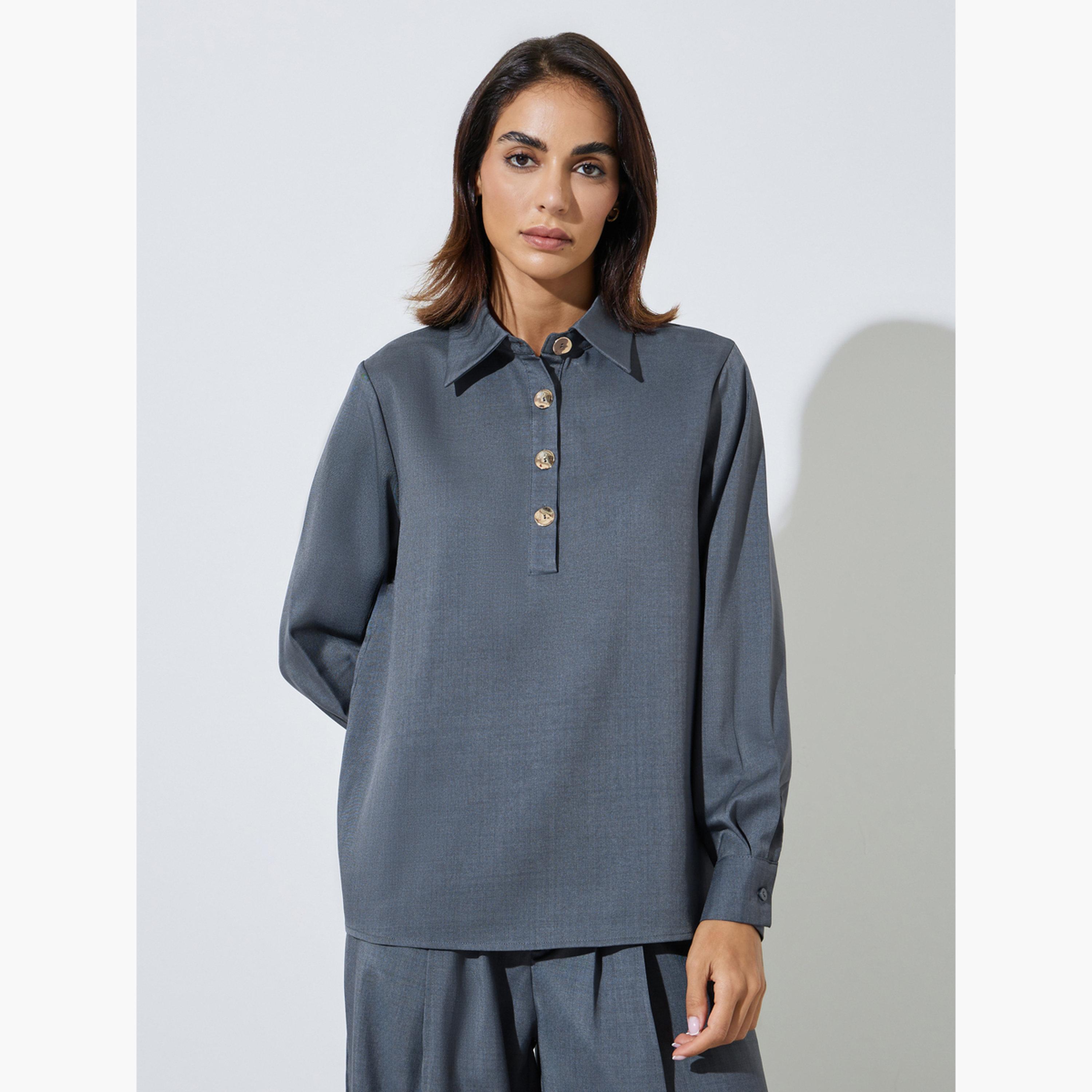 Styli Charcoal Long Sleeve Relaxed Fit Shirt-women-clothing-shirtsandblouses-blouses-image-1