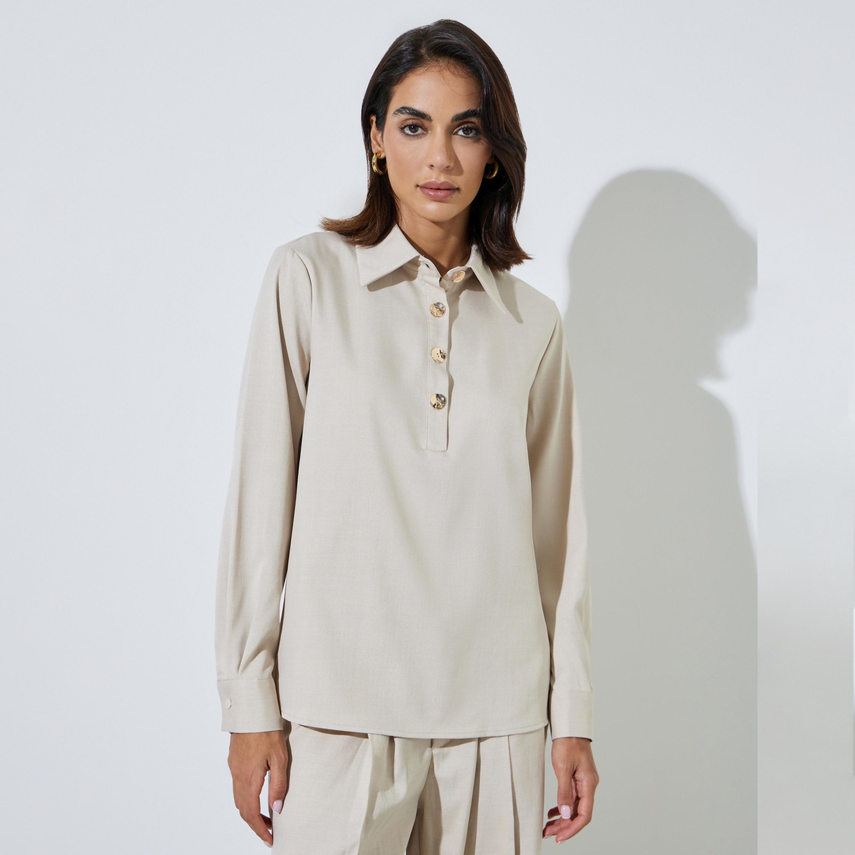 Styli Cream Long Sleeve Relaxed Fit Shirt-women-clothing-shirtsandblouses-blouses-image-1
