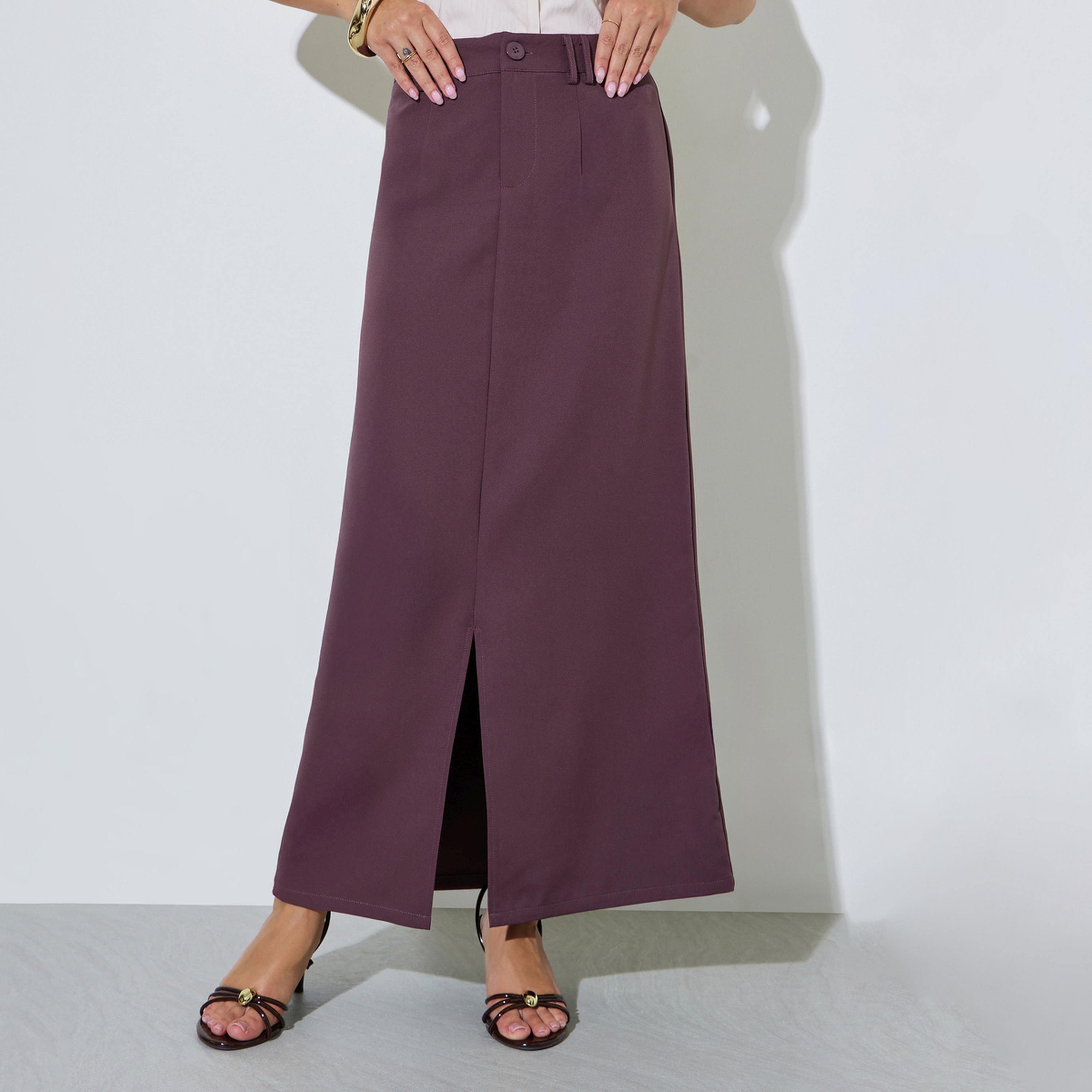 Styli Purple Pencil Maxi Skirt with Front Slit-women-clothing-skirts-image-1