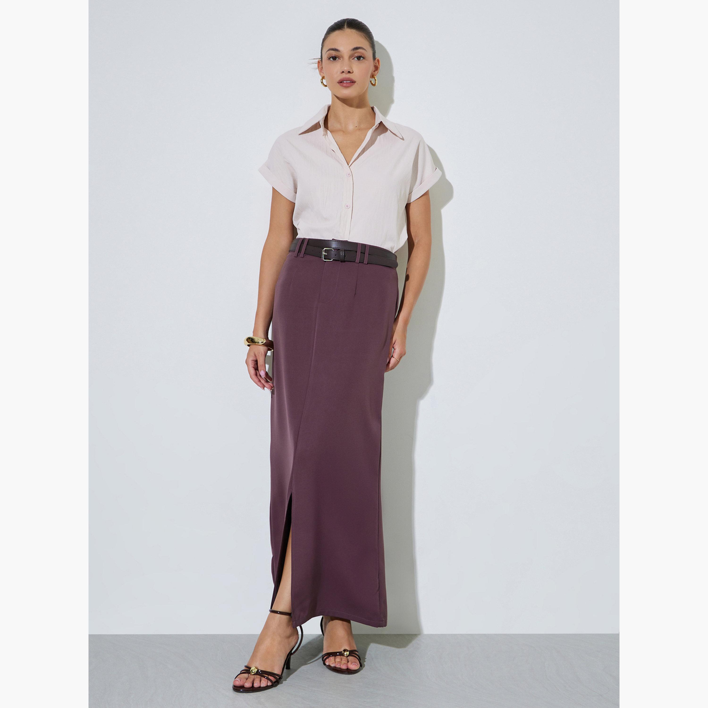 Styli Purple Pencil Maxi Skirt with Front Slit-women-clothing-skirts-image-2