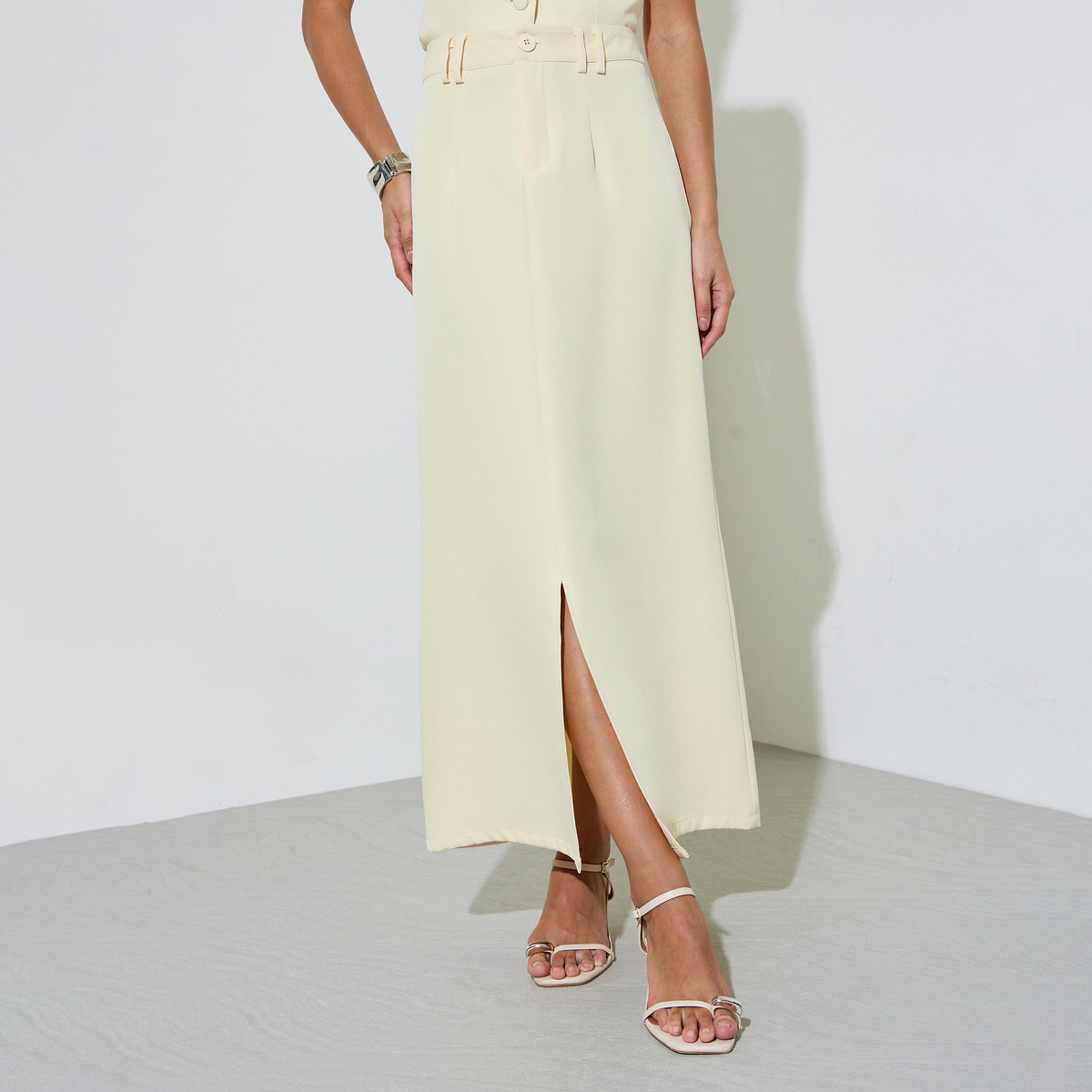 Styli Yellow Pencil Maxi Skirt with Front Slit-women-clothing-bottoms-skirts-image-1