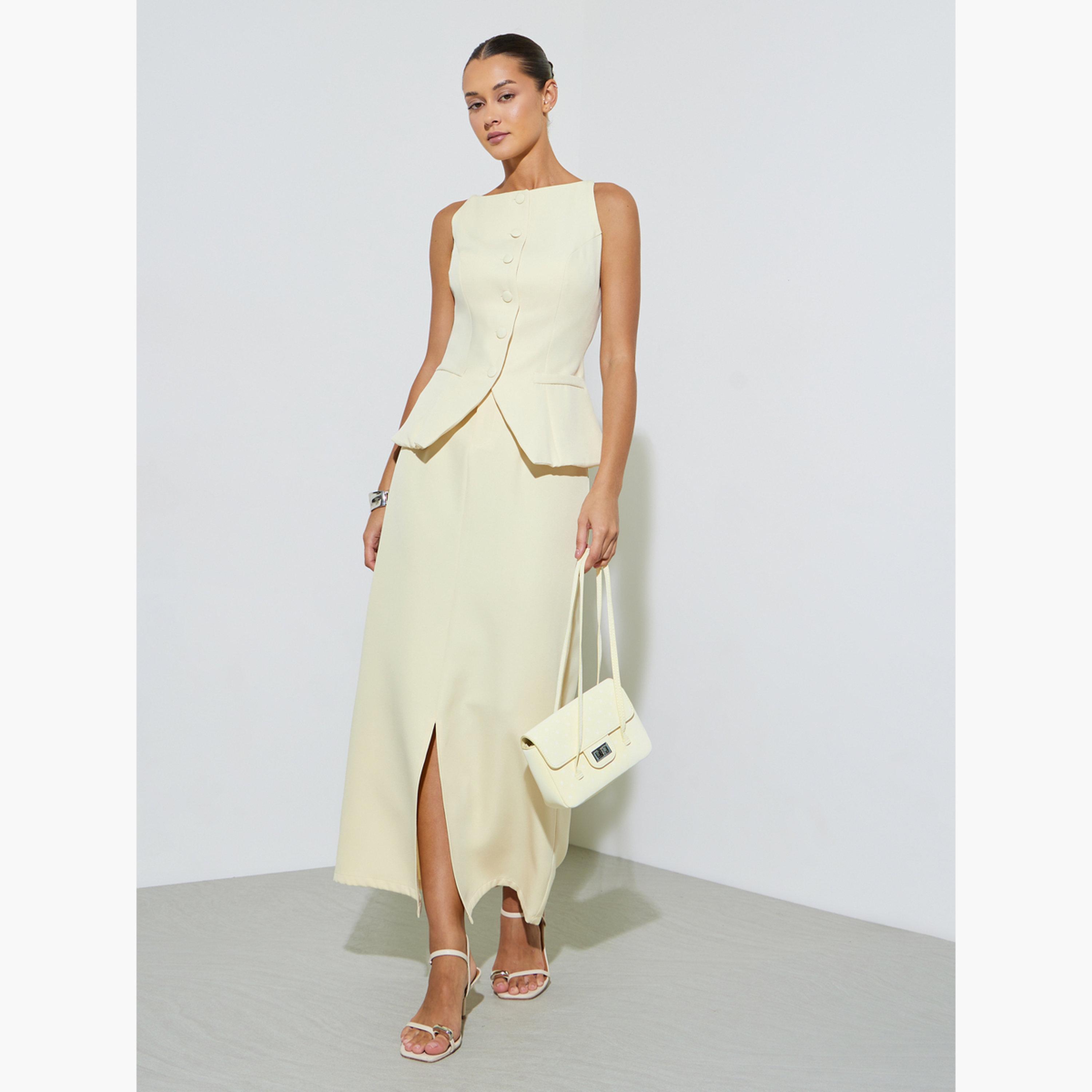 Styli Yellow Pencil Maxi Skirt with Front Slit-women-clothing-bottoms-skirts-image-2