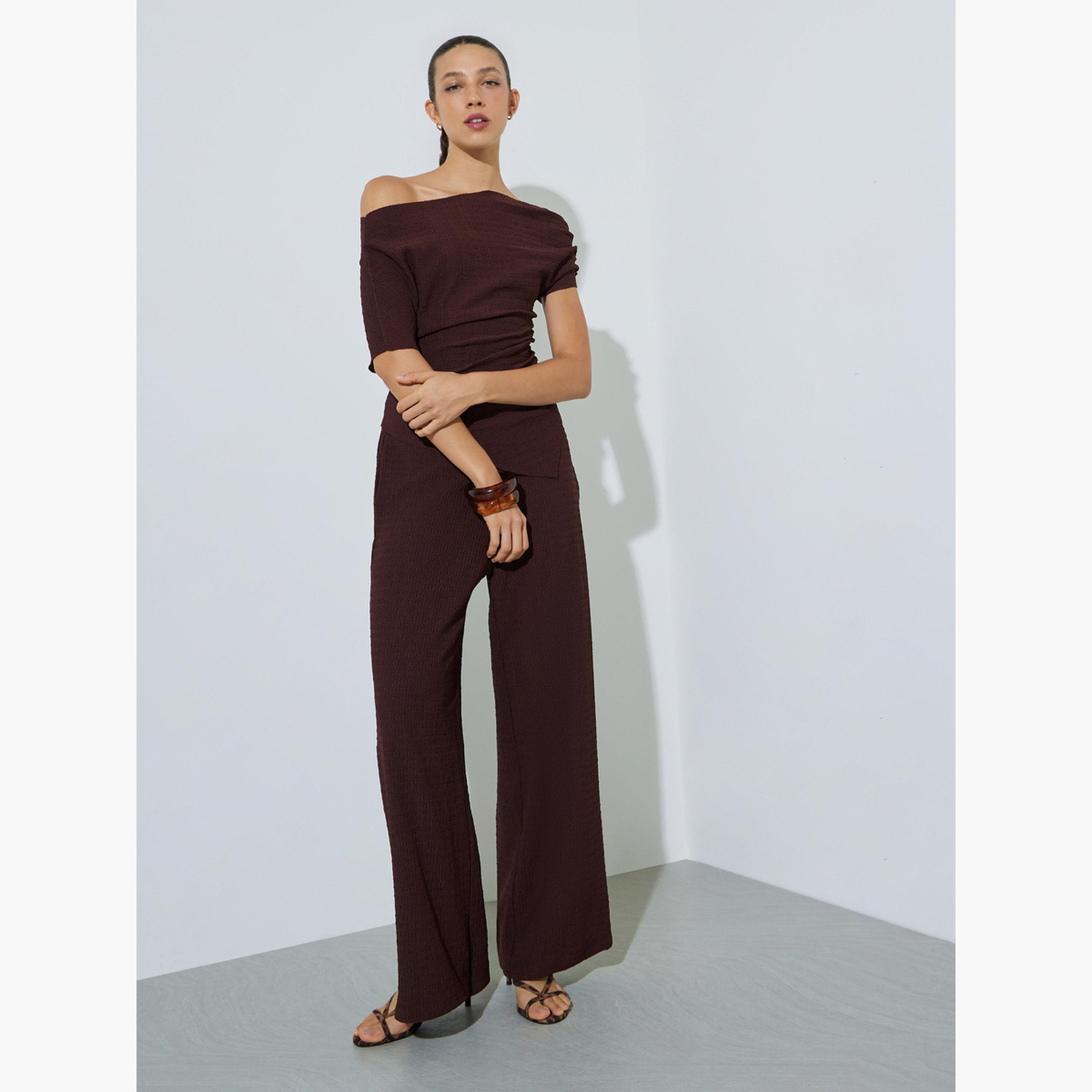 Styli Brown Textured Short Sleeve Fitted Knit Top-women-clothing-shirtsandblouses-blouses-image-2