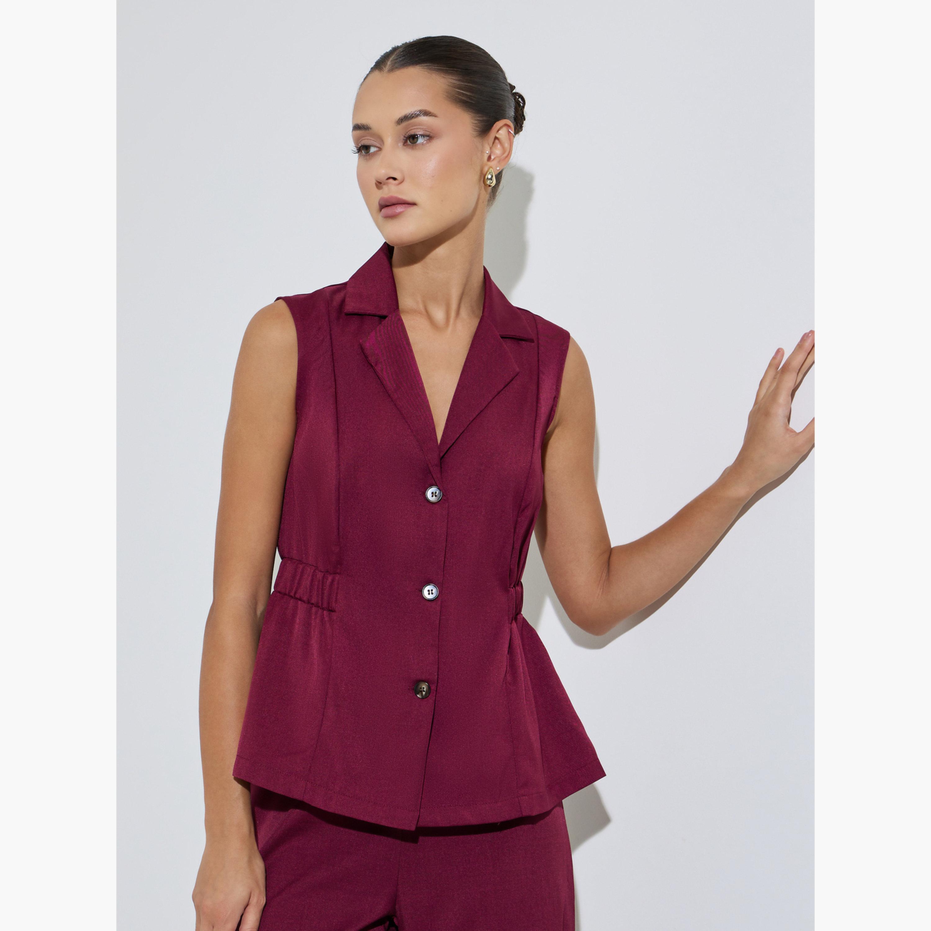 Styli Burgundy Sleeveless Single Breasted Waistcoat-women-clothing-shirtsandblouses-blouses-image-1