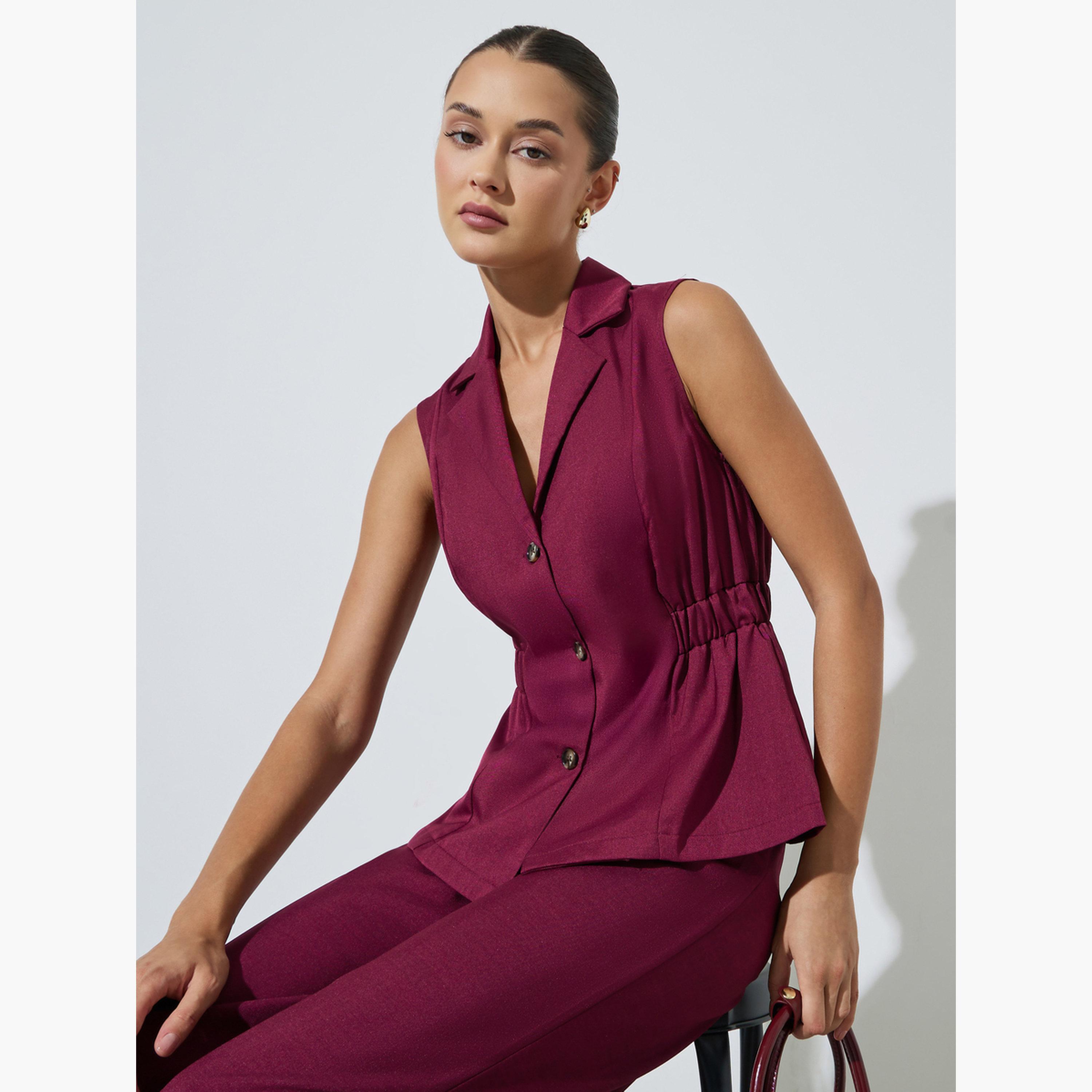 Styli Burgundy Sleeveless Single Breasted Waistcoat-women-clothing-shirtsandblouses-blouses-image-3