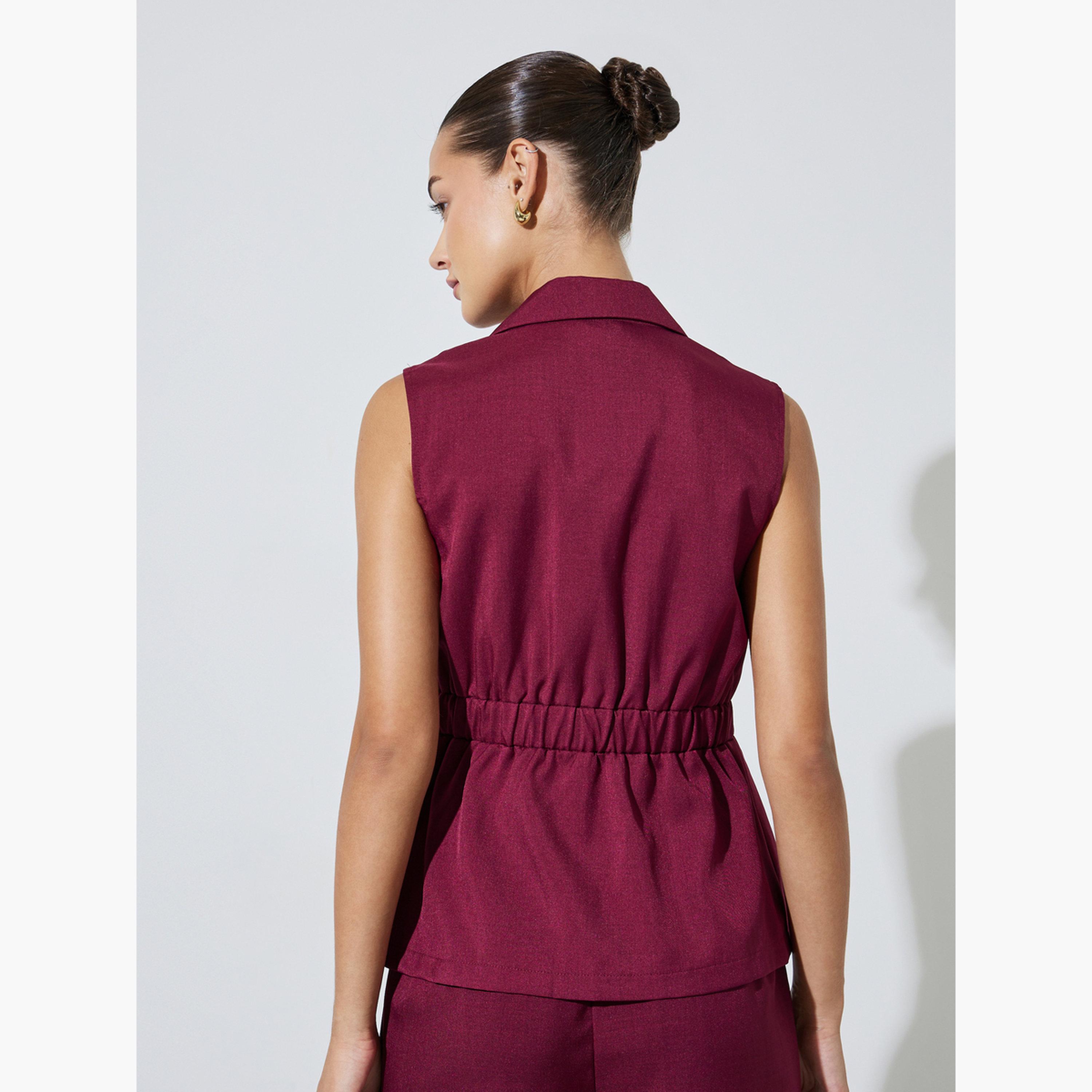 Styli Burgundy Sleeveless Single Breasted Waistcoat-women-clothing-shirtsandblouses-blouses-image-4