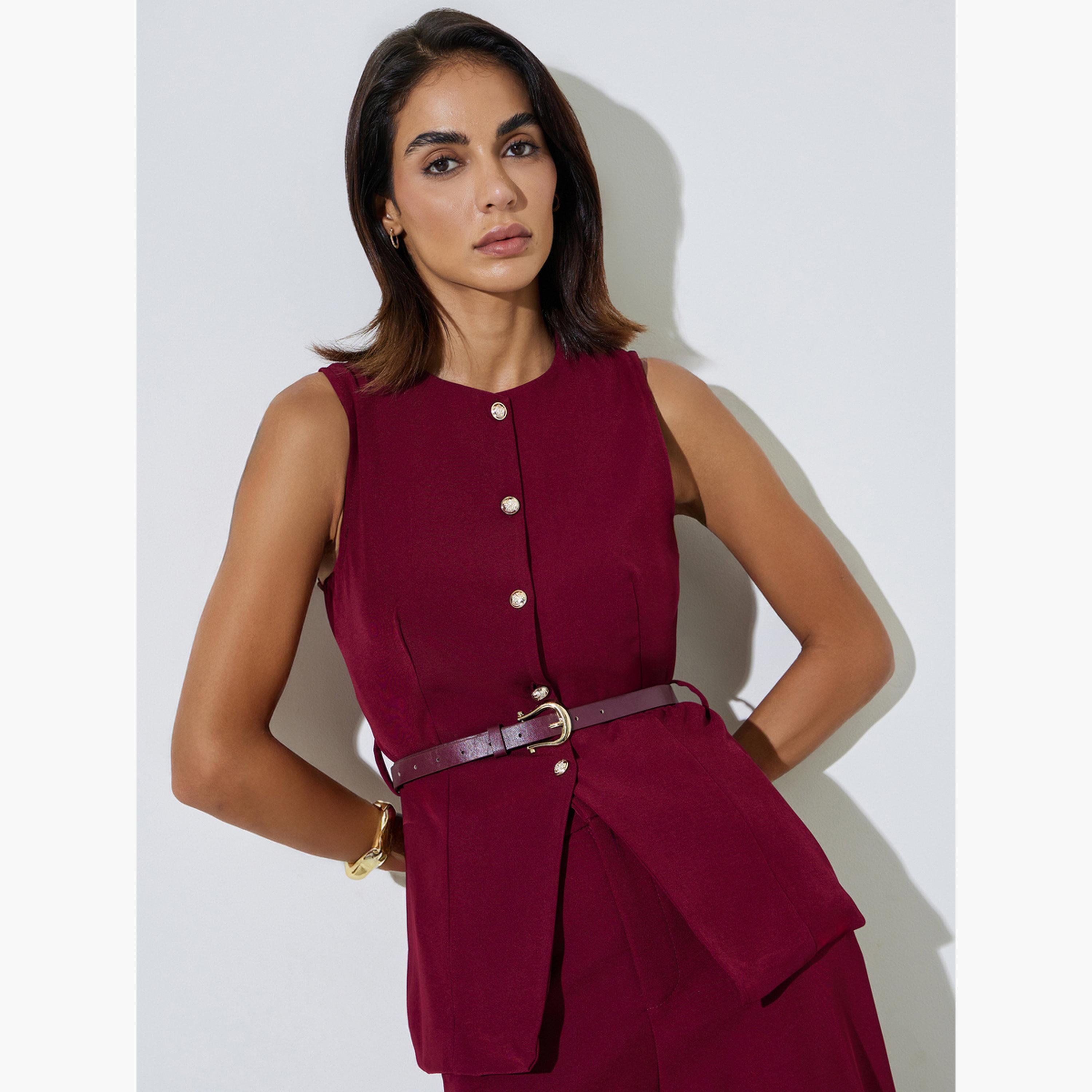 ستايلي - حزام خصر برغندي اللون، سترة برقبة دائرية-women-clothing-shirtsandblouses-blouses-image-1