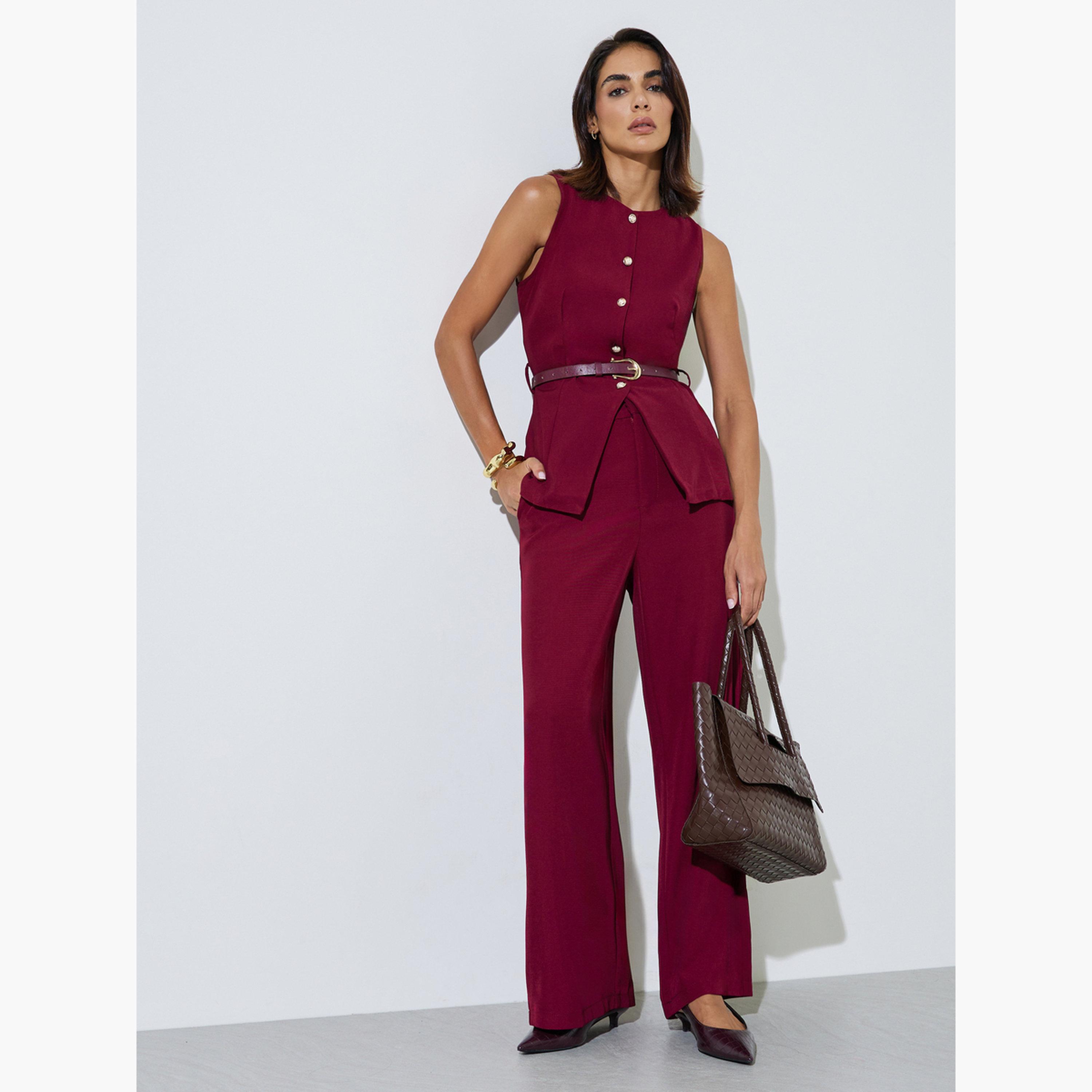 ستايلي - حزام خصر برغندي اللون، سترة برقبة دائرية-women-clothing-shirtsandblouses-blouses-image-2