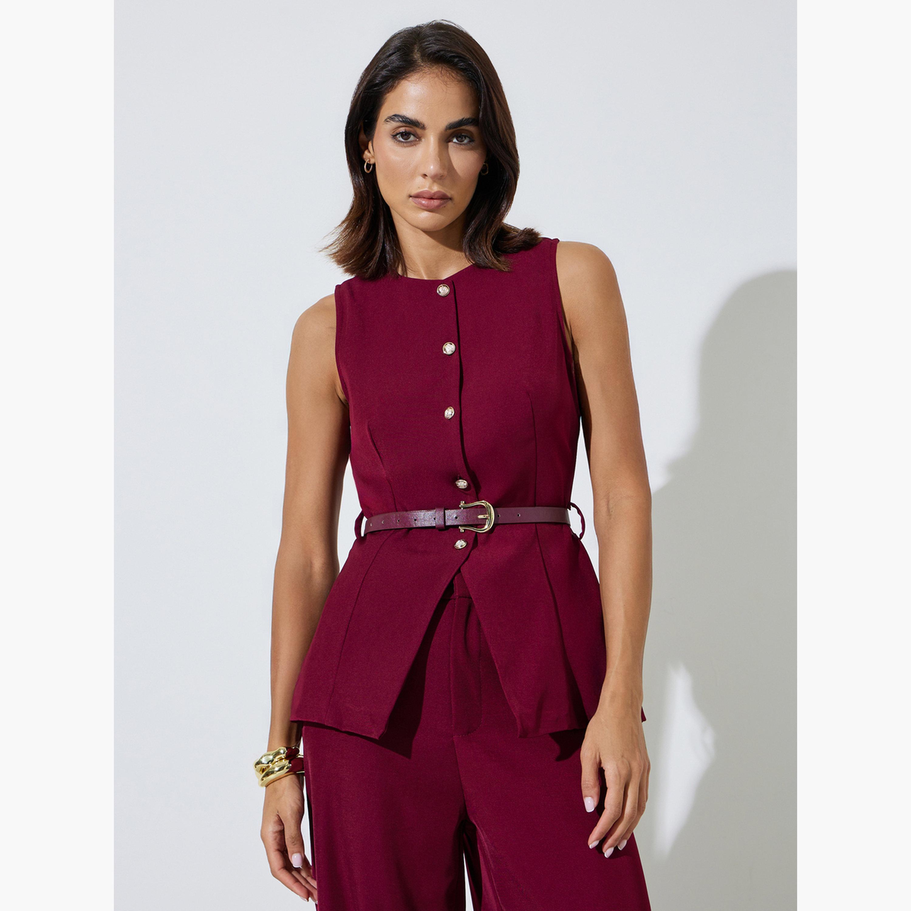 ستايلي - حزام خصر برغندي اللون، سترة برقبة دائرية-women-clothing-shirtsandblouses-blouses-image-3