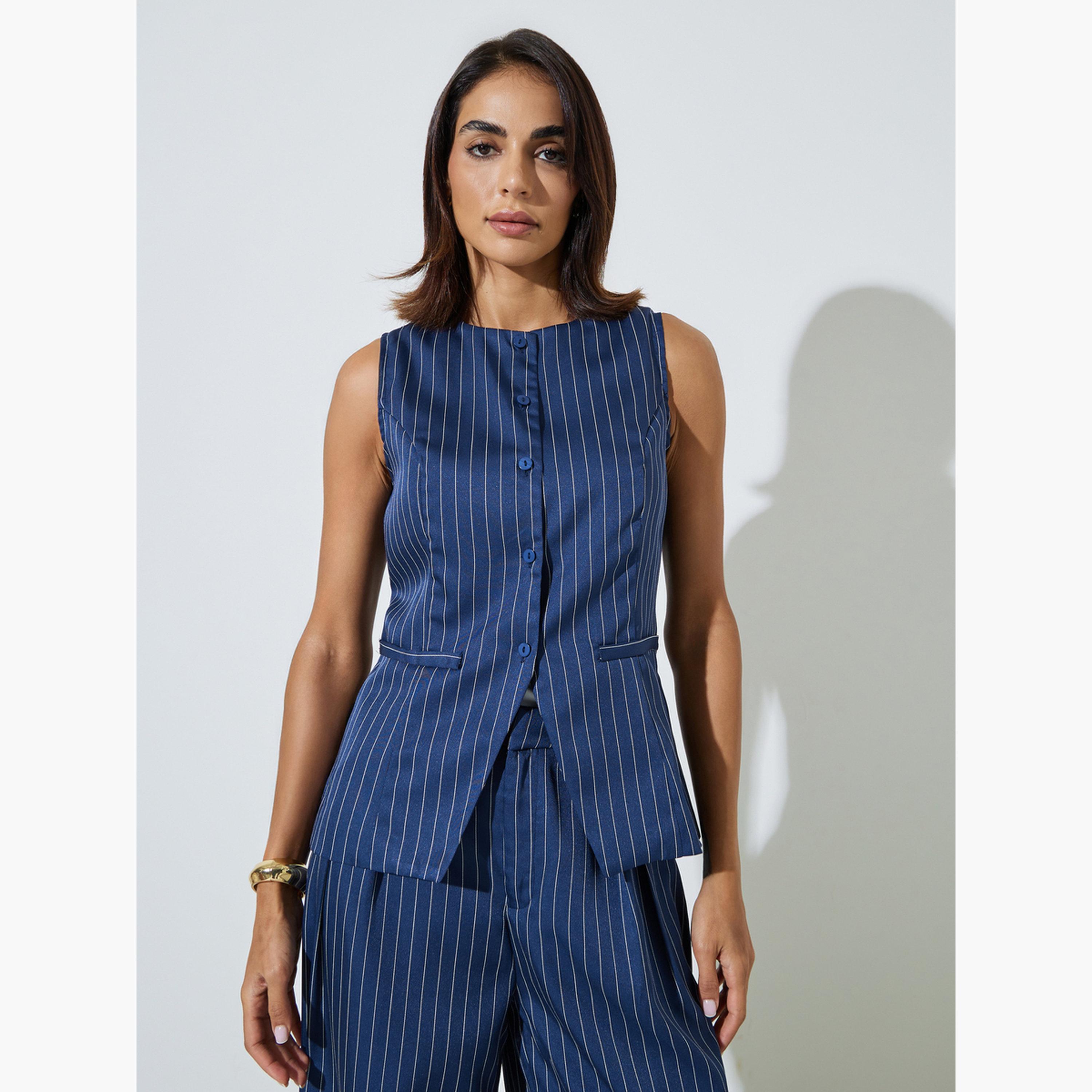 ستايلي - صدرية بدون أكمام مخططة باللون الأزرق الداكن-women-clothing-shirtsandblouses-blouses-image-1