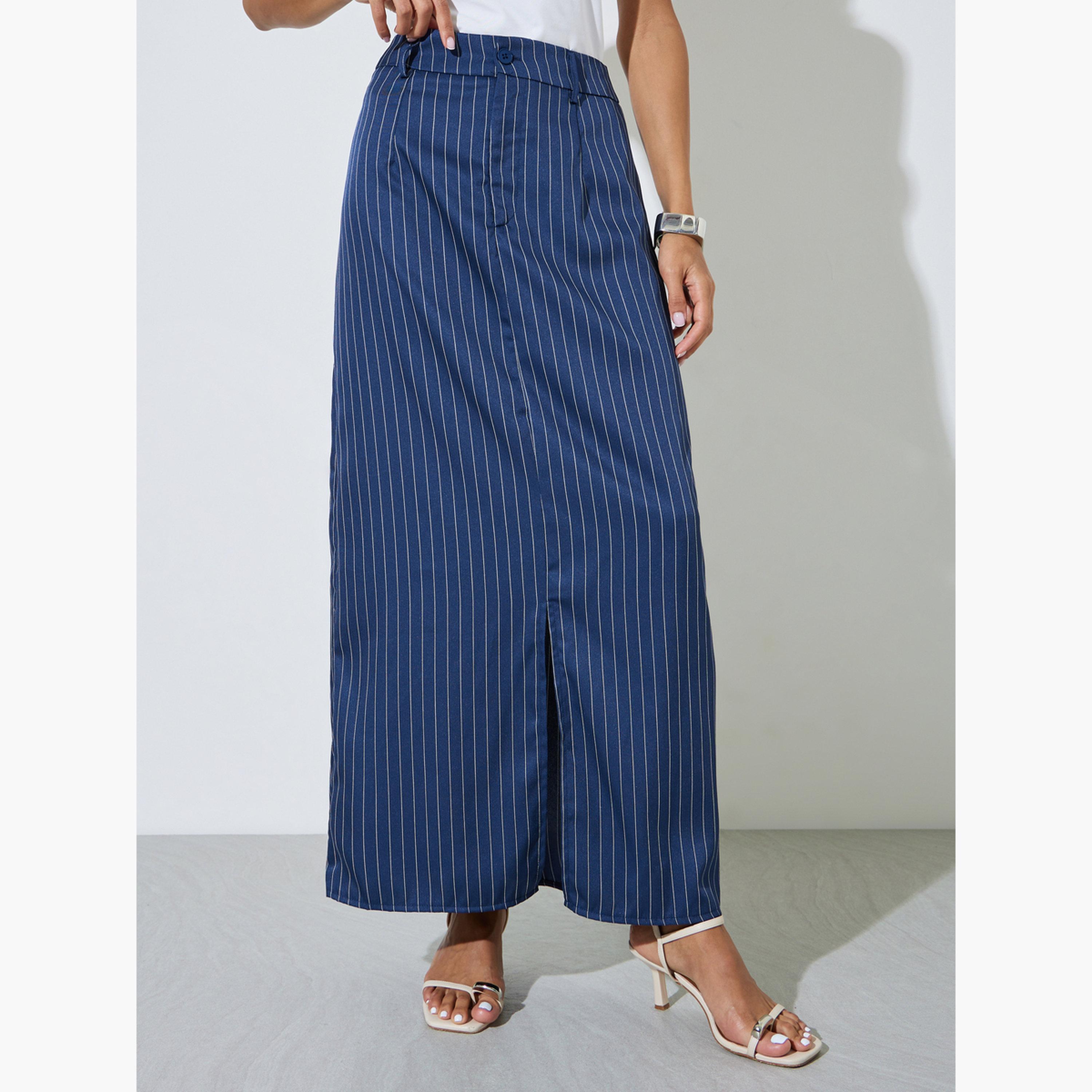 ستايلي - تنورة ماكسي مخططة باللون الأزرق الداكن مع فتحة أمامية-women-clothing-bottoms-skirts-image-1