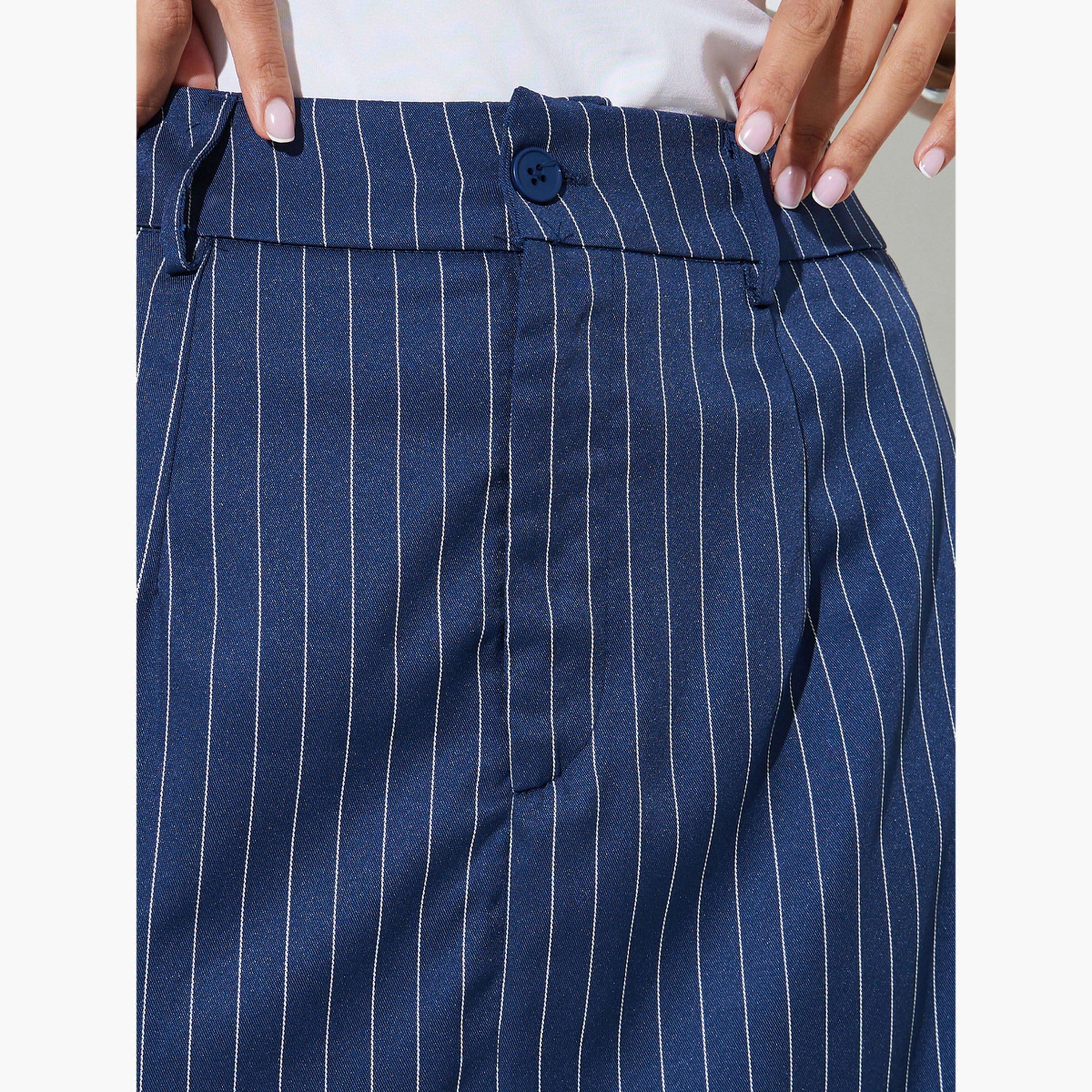 ستايلي - تنورة ماكسي مخططة باللون الأزرق الداكن مع فتحة أمامية-women-clothing-bottoms-skirts-image-3