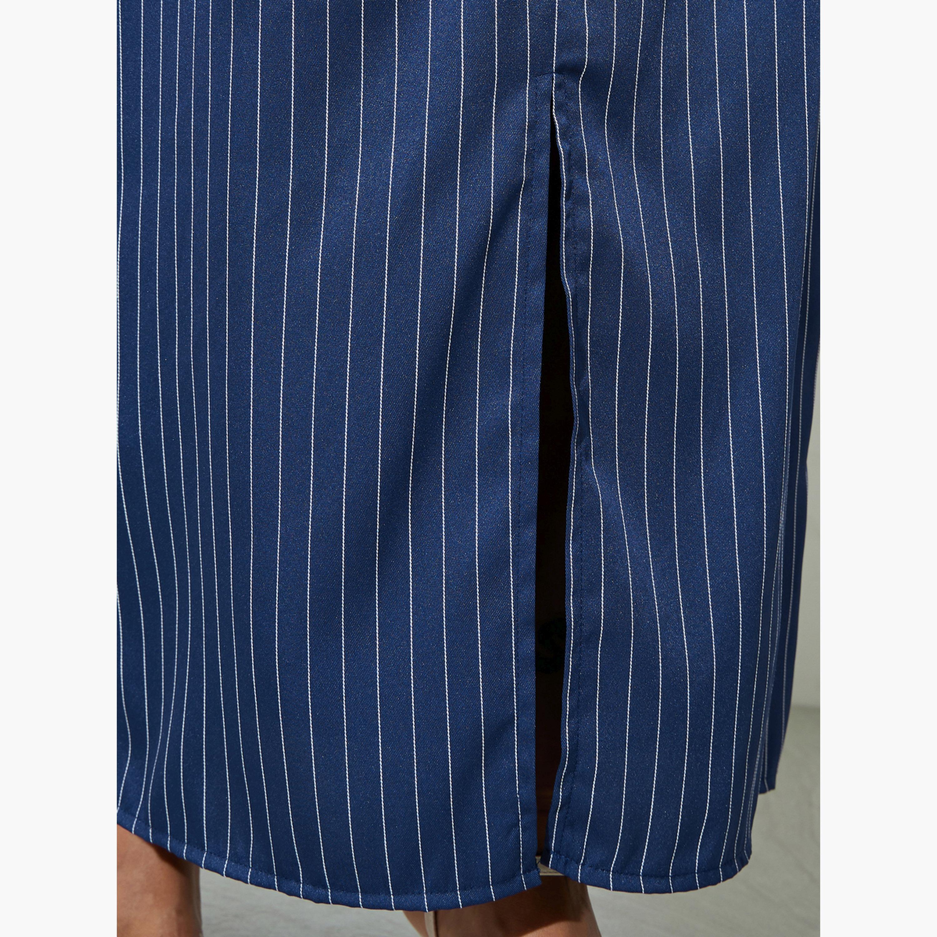 ستايلي - تنورة ماكسي مخططة باللون الأزرق الداكن مع فتحة أمامية-women-clothing-bottoms-skirts-image-4