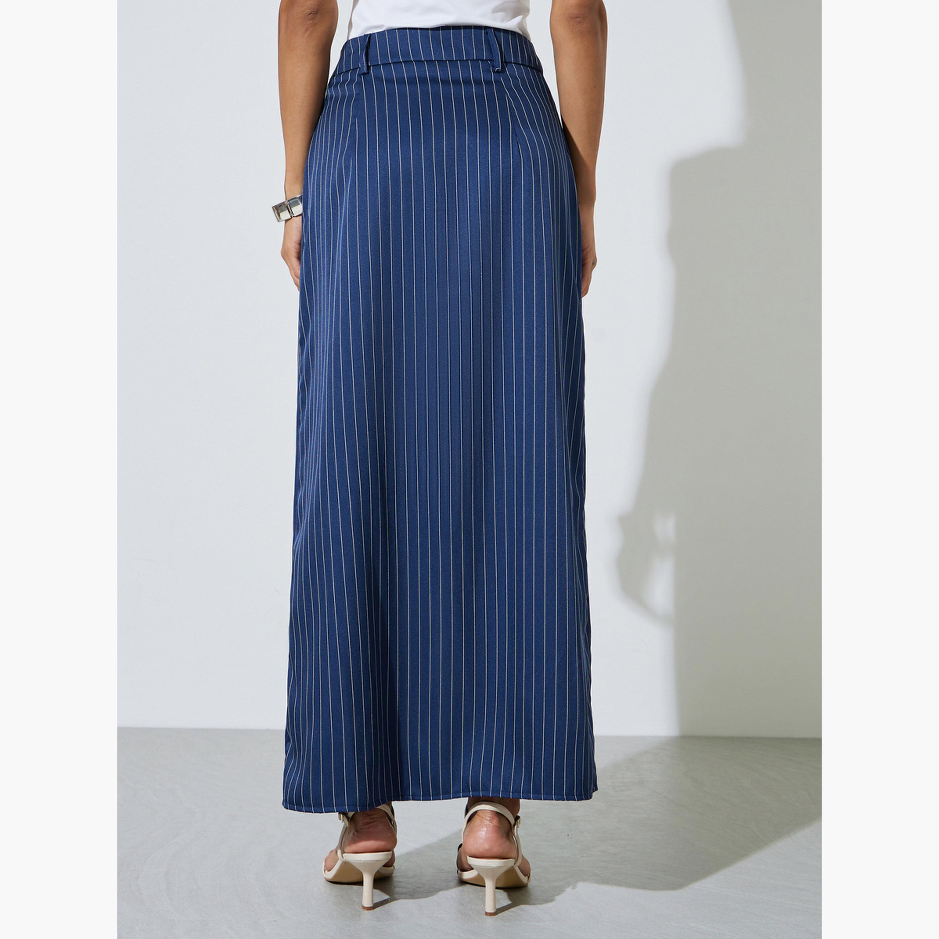 ستايلي - تنورة ماكسي مخططة باللون الأزرق الداكن مع فتحة أمامية-women-clothing-bottoms-skirts-image-5