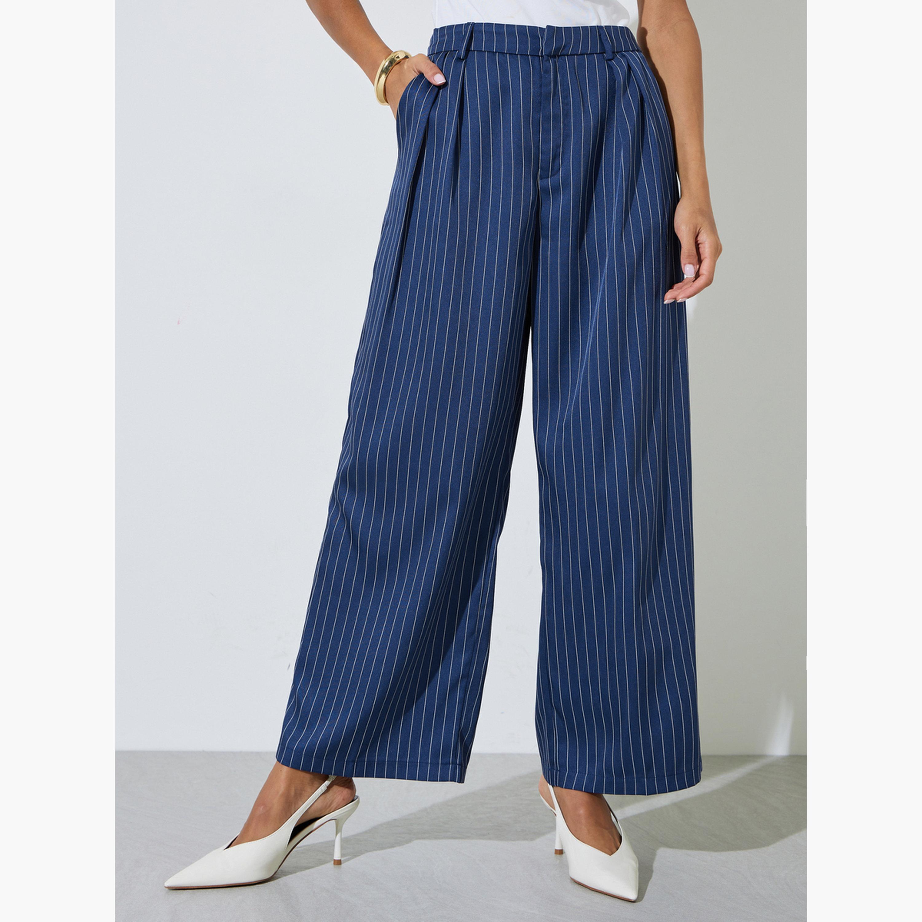 Styli Navy Blue Pinstripe Wide Leg Trousers-women-clothing-bottoms-trousers-image-1