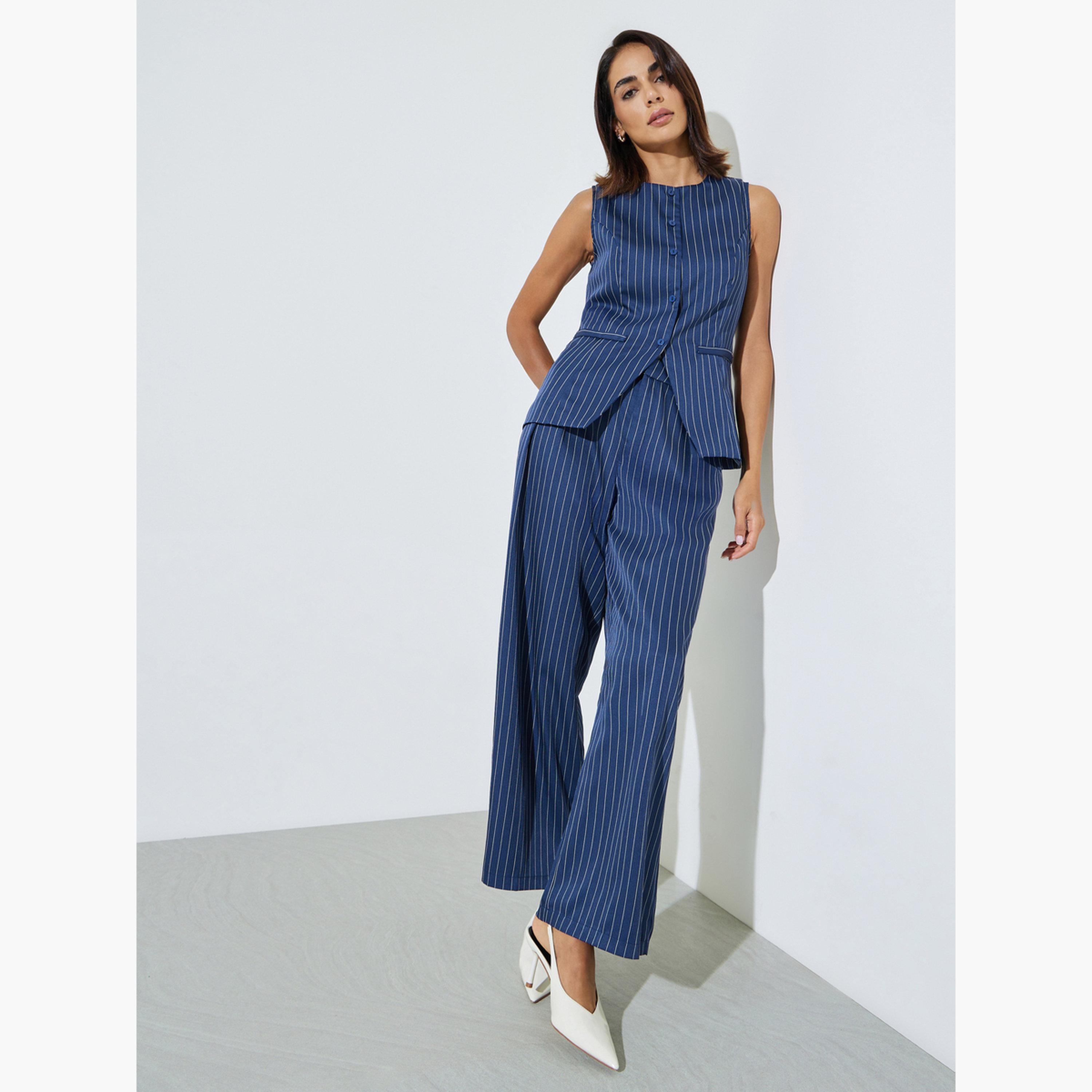 Styli Navy Blue Pinstripe Wide Leg Trousers-women-clothing-bottoms-trousers-image-2
