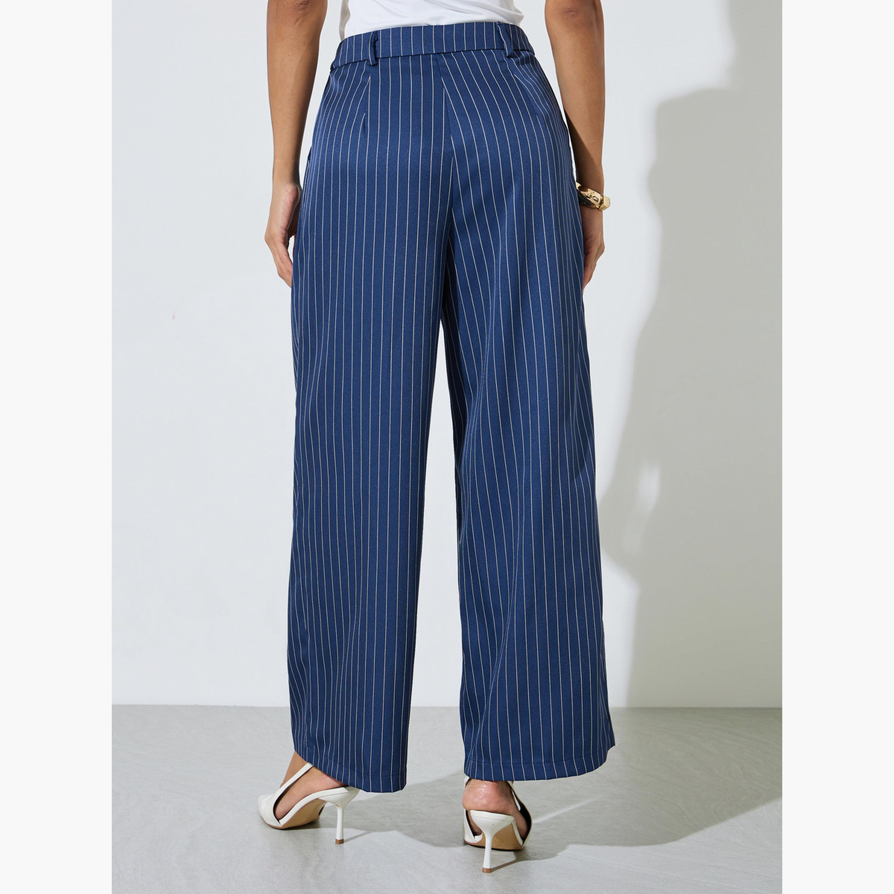Styli Navy Blue Pinstripe Wide Leg Trousers-women-clothing-bottoms-trousers-image-4