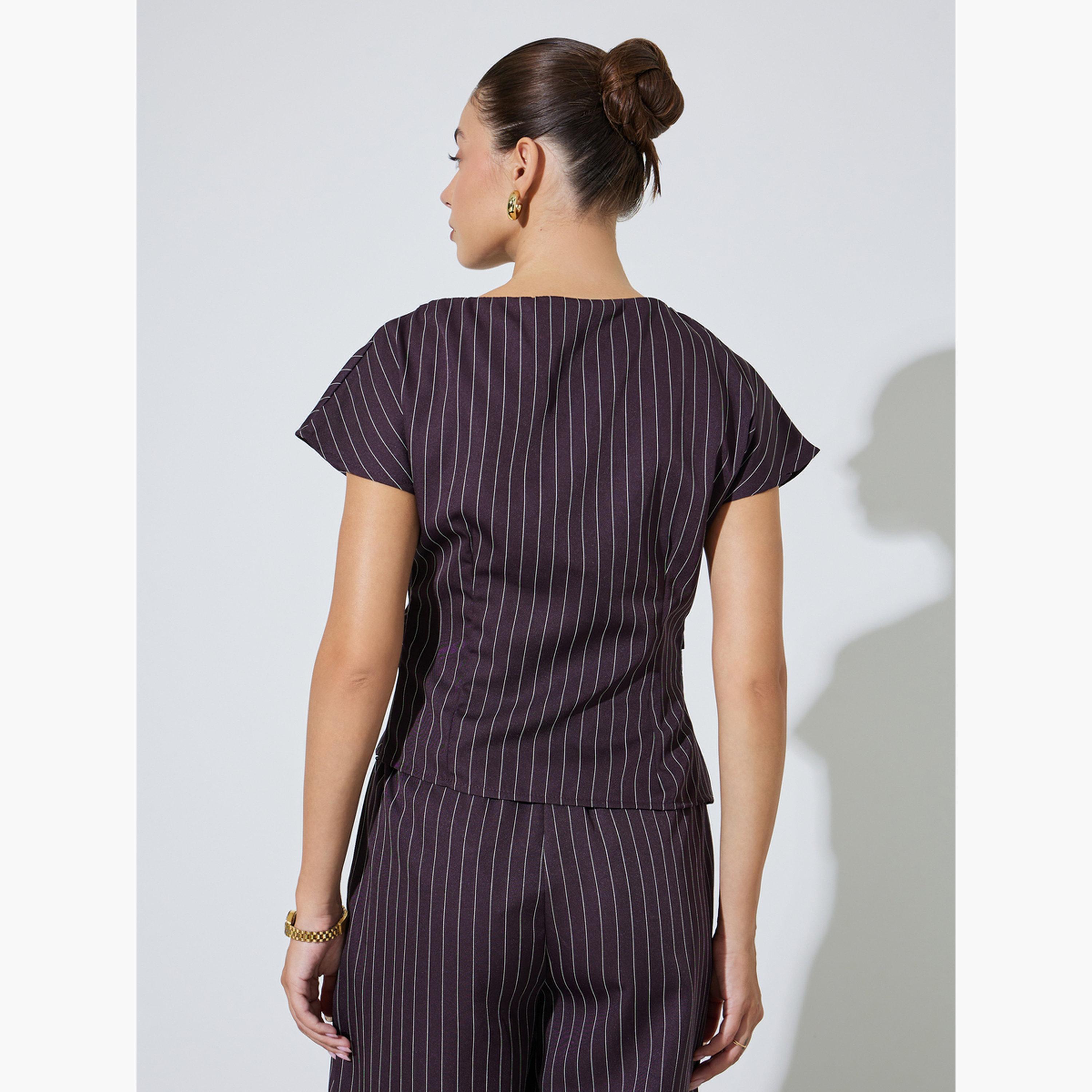 بلوزة بحافة غير متماثلة ونمط خطوط رفيعة-women-clothing-shirtsandblouses-blouses-image-4