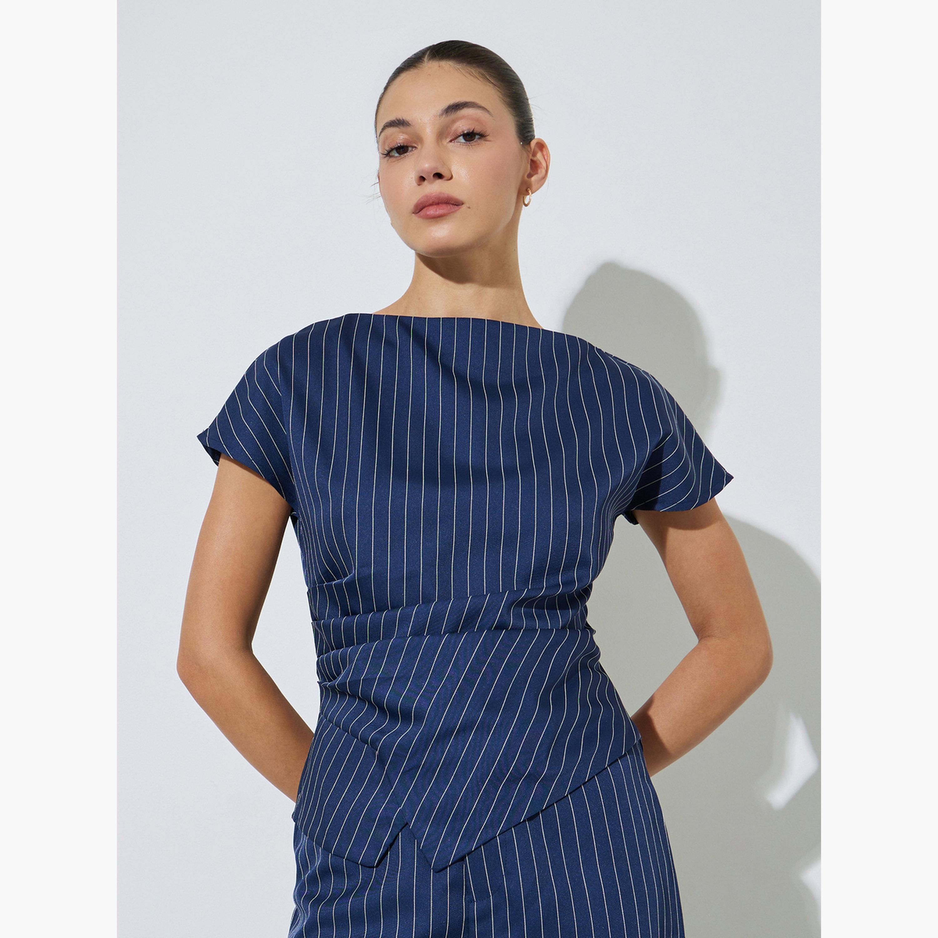 Styli Navy Blue Pinstripe Asymmetric Hem Top-women-clothing-shirtsandblouses-blouses-image-1