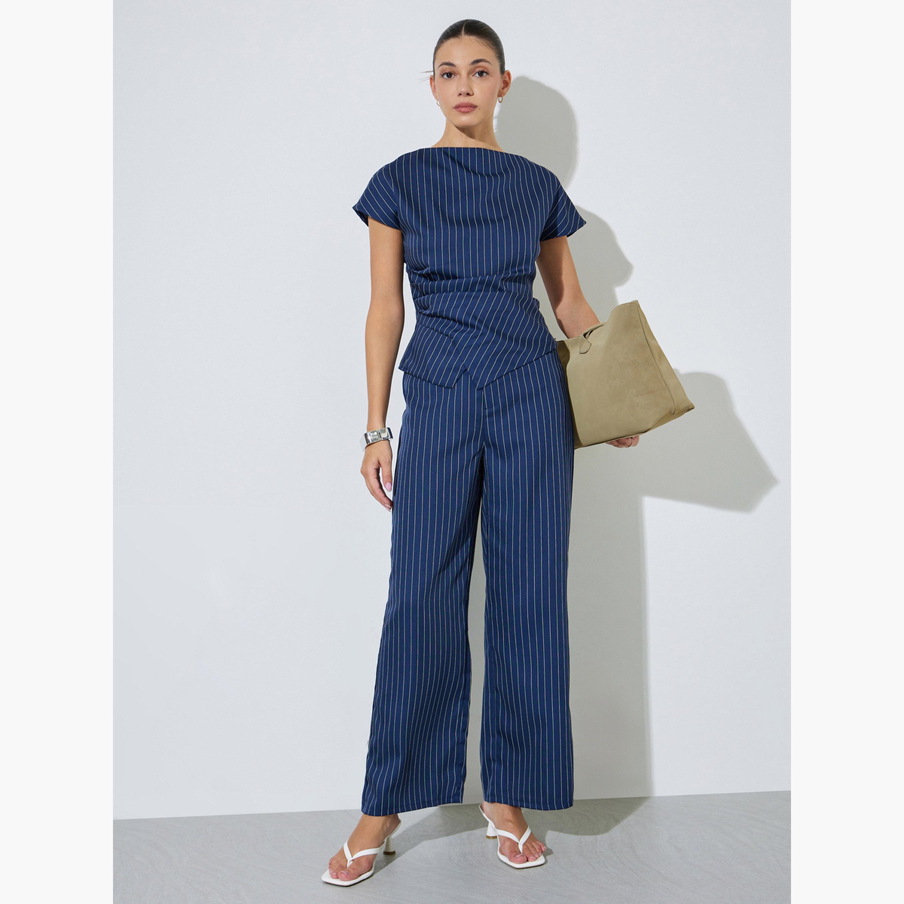 Styli Navy Blue Pinstripe Asymmetric Hem Top-women-clothing-shirtsandblouses-blouses-image-2
