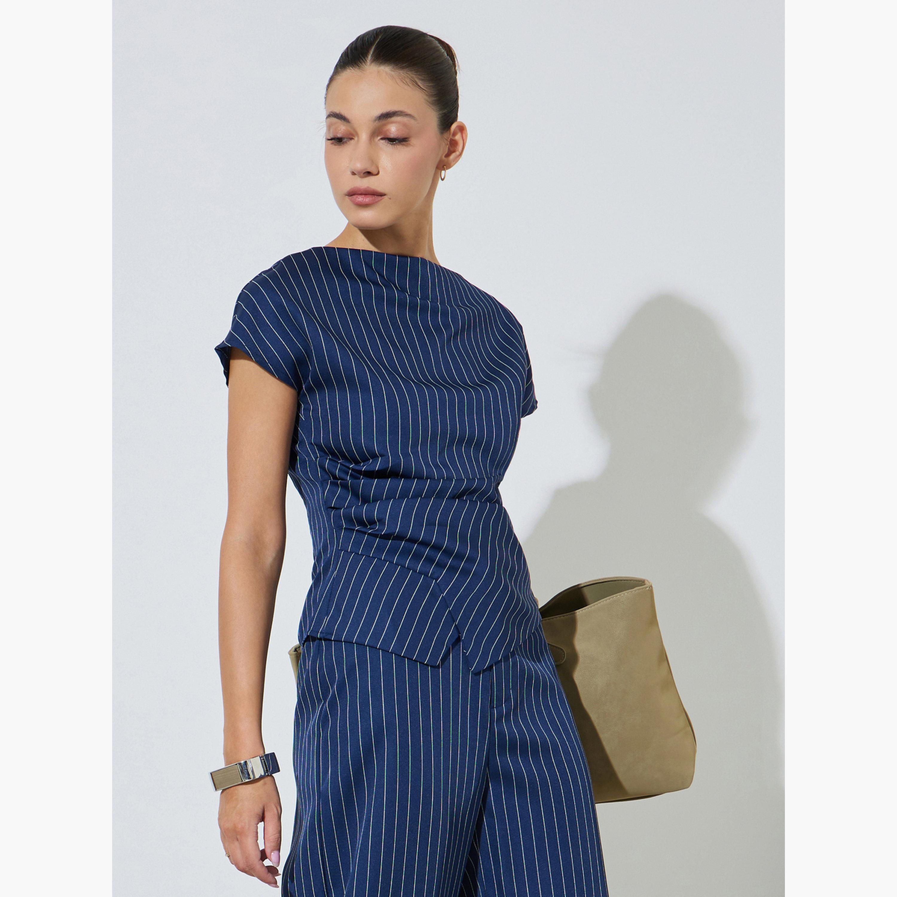 Styli Navy Blue Pinstripe Asymmetric Hem Top-women-clothing-shirtsandblouses-blouses-image-3