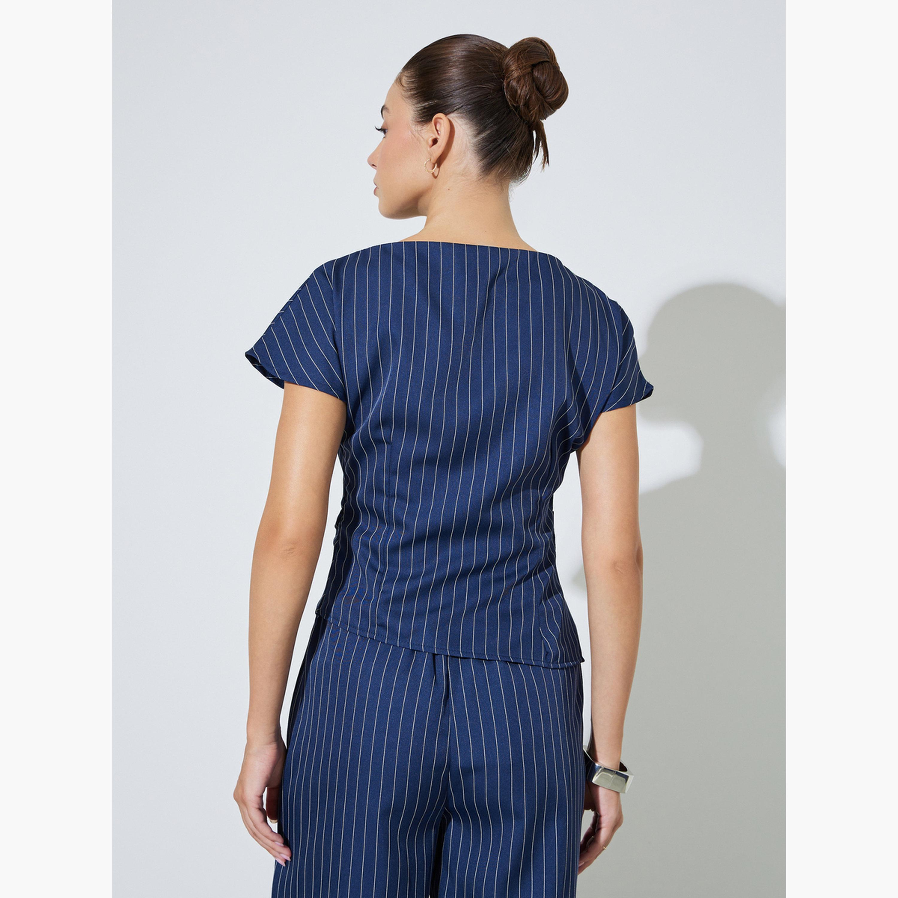 Styli Navy Blue Pinstripe Asymmetric Hem Top-women-clothing-shirtsandblouses-blouses-image-4