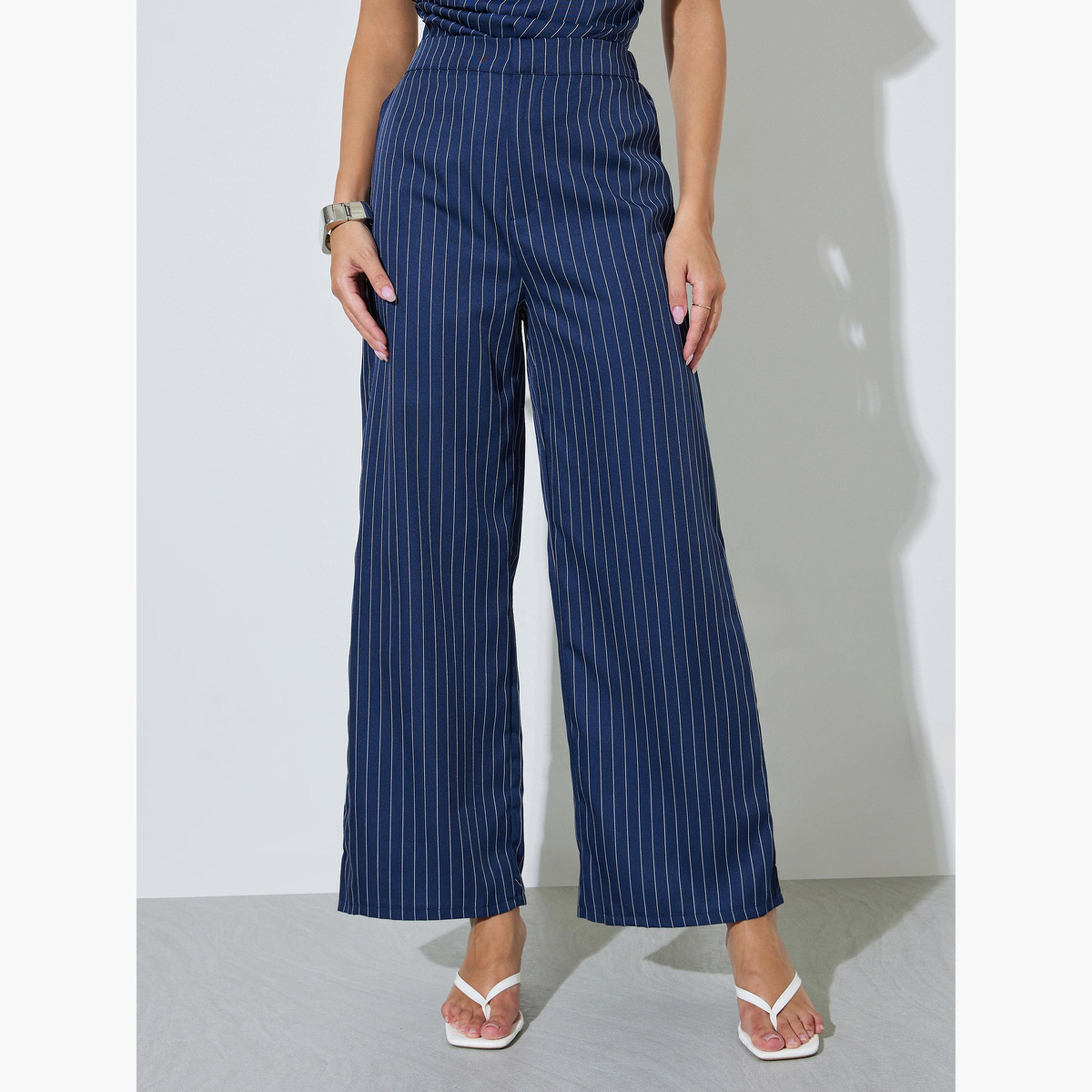 بنطال بأرجل واسعة ونمط خطوط رفيعة-women-clothing-bottoms-joggers-image-1