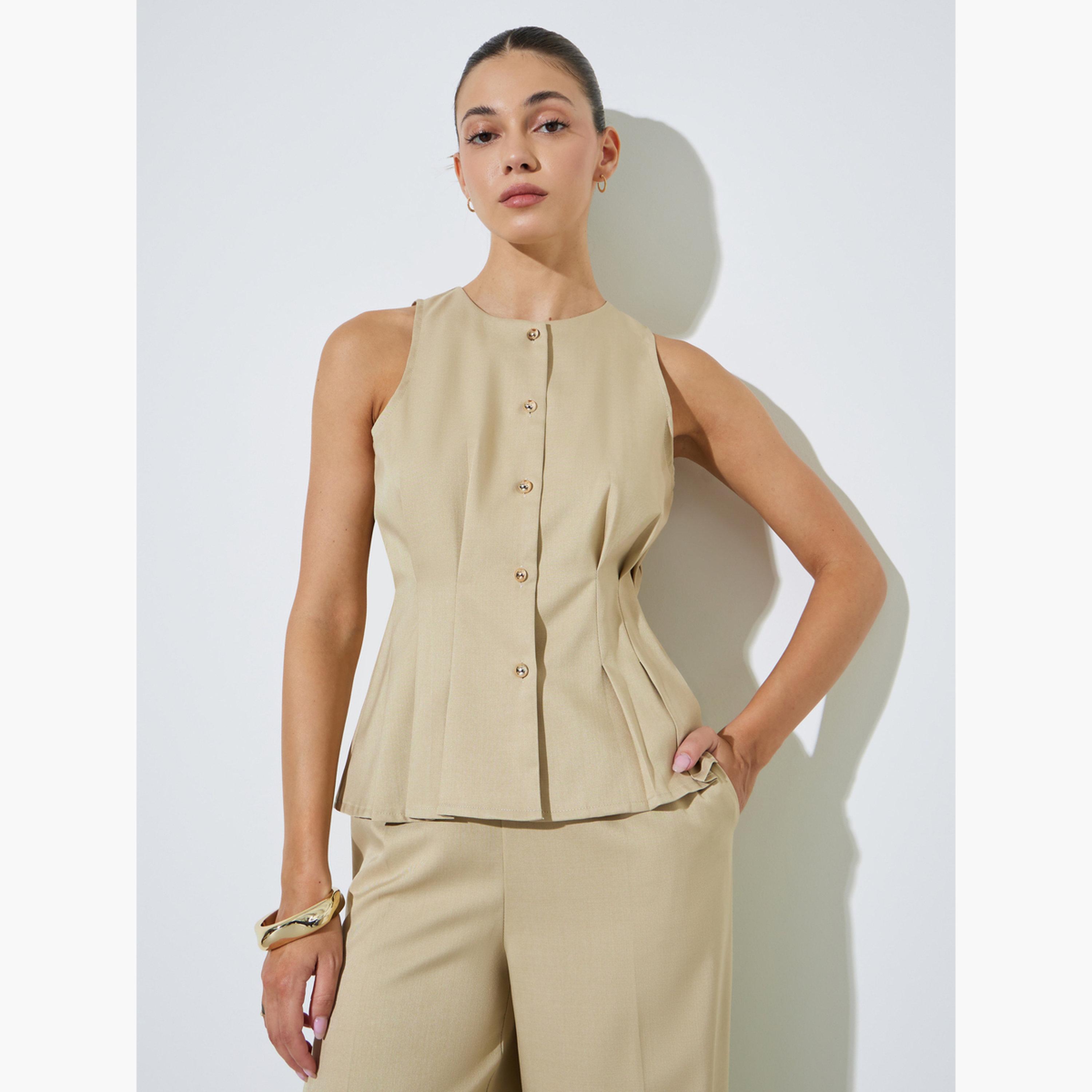 Styli Beige Fold Pleat Detail Sleeveless Peplum Top-women-clothing-shirtsandblouses-blouses-image-1