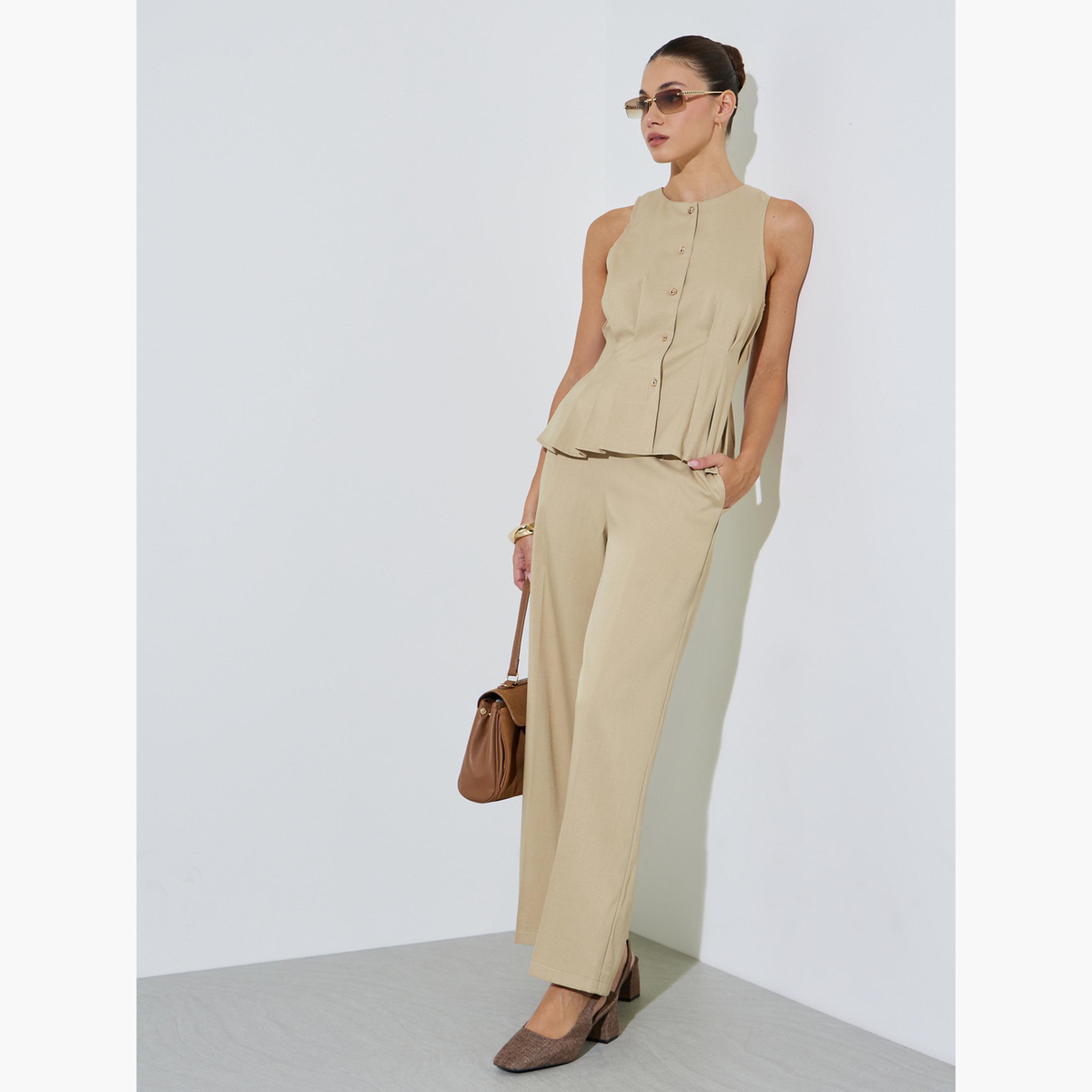 Styli Beige Fold Pleat Detail Sleeveless Peplum Top-women-clothing-shirtsandblouses-blouses-image-2