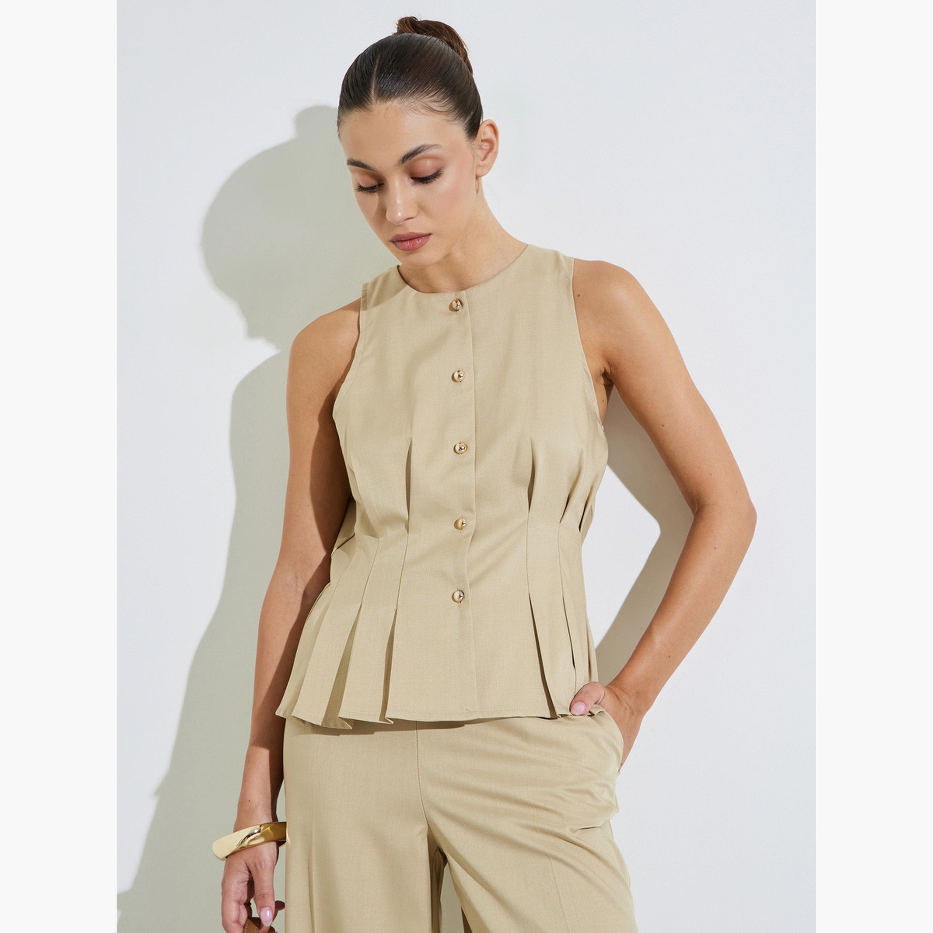 Styli Beige Fold Pleat Detail Sleeveless Peplum Top-women-clothing-shirtsandblouses-blouses-image-3