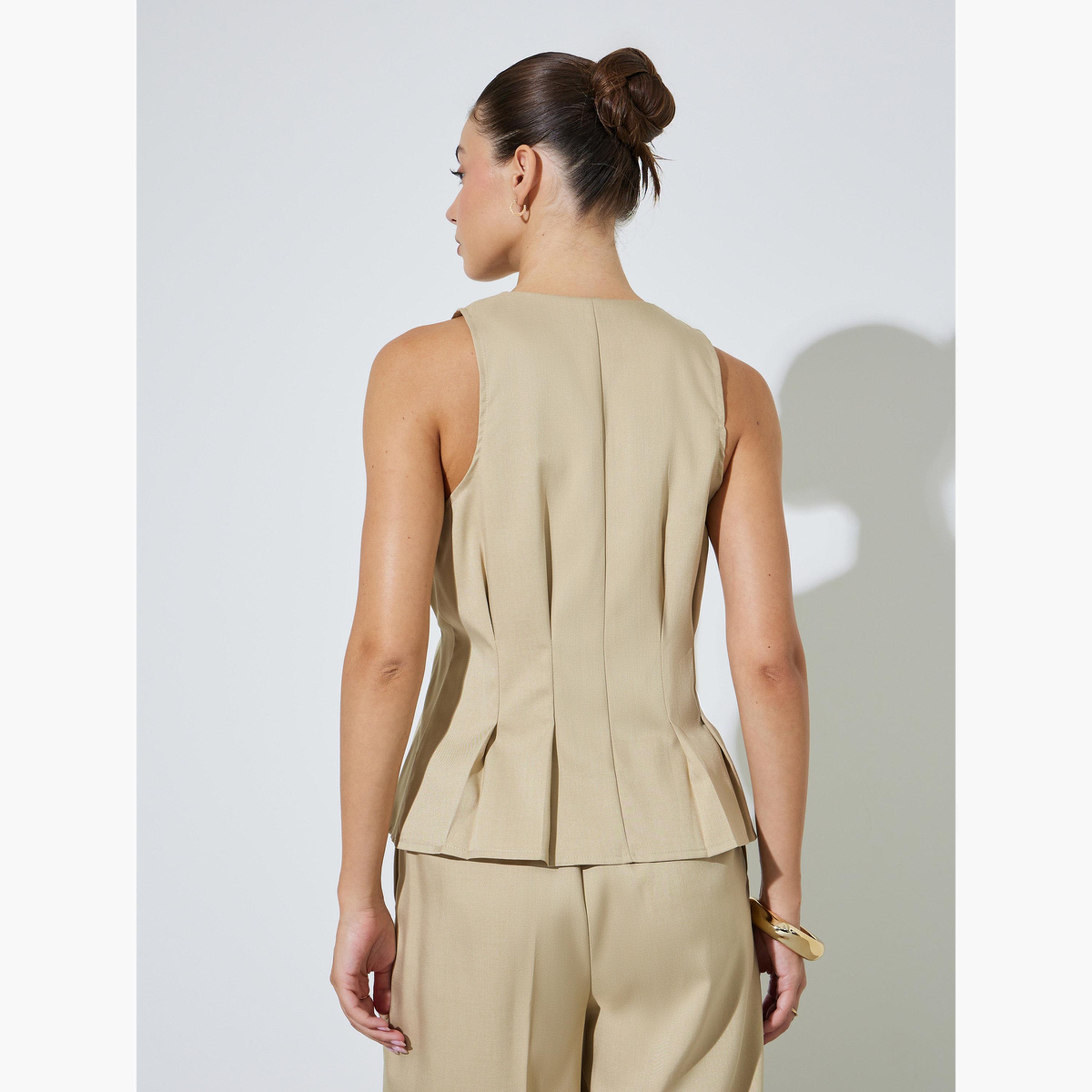Styli Beige Fold Pleat Detail Sleeveless Peplum Top-women-clothing-shirtsandblouses-blouses-image-4