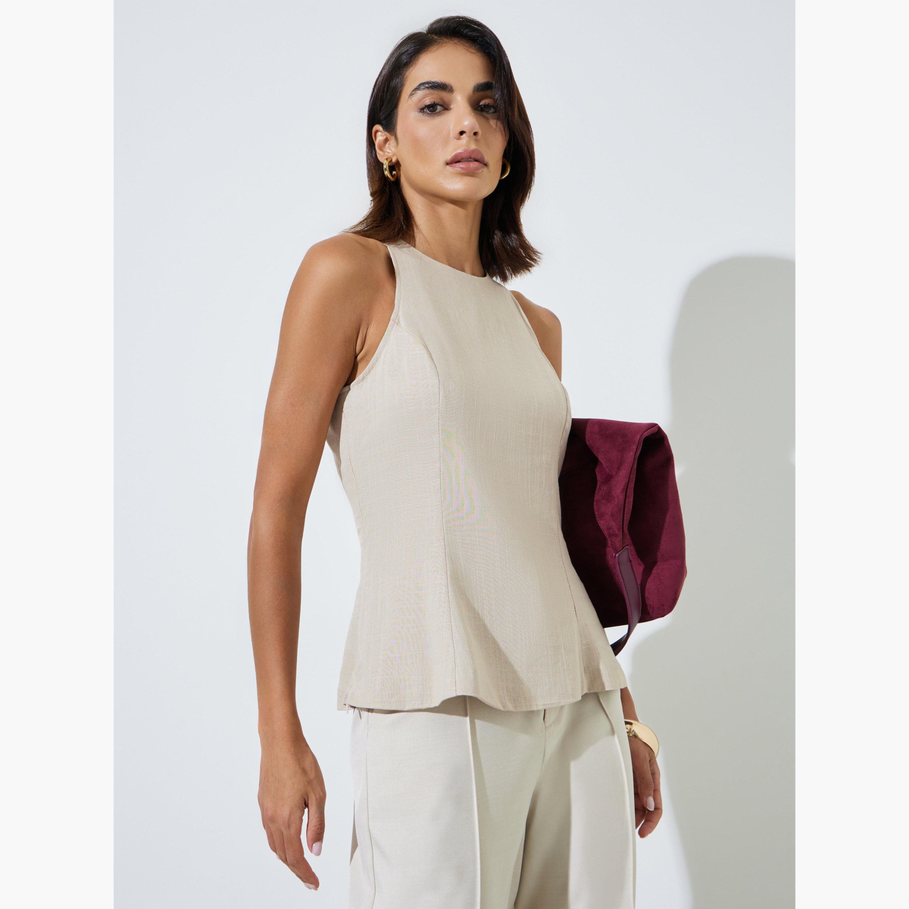 ستايلي - بلوزة بيج بدون أكمام بياقة رياضية-women-clothing-shirtsandblouses-blouses-image-3