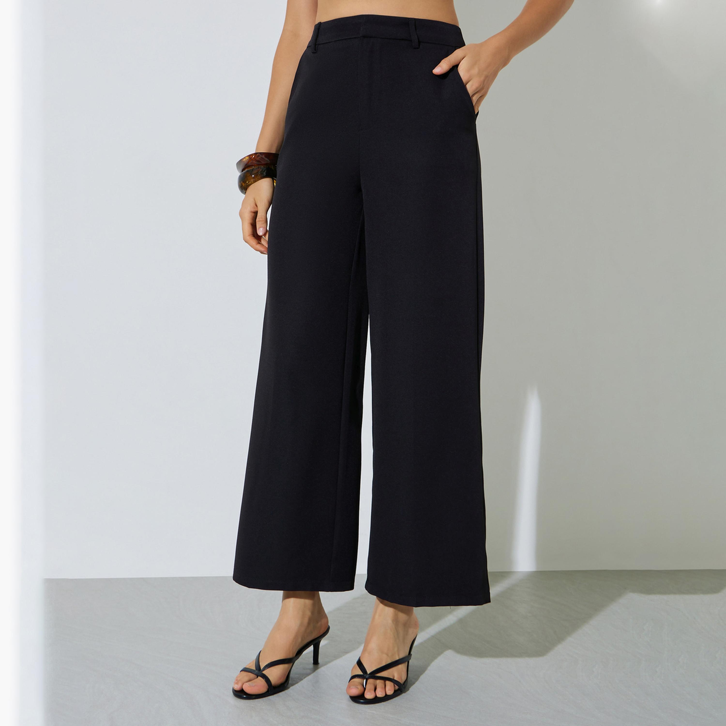 Styli Black Solid Wide Leg Pants-women-clothing-trousers-image-1