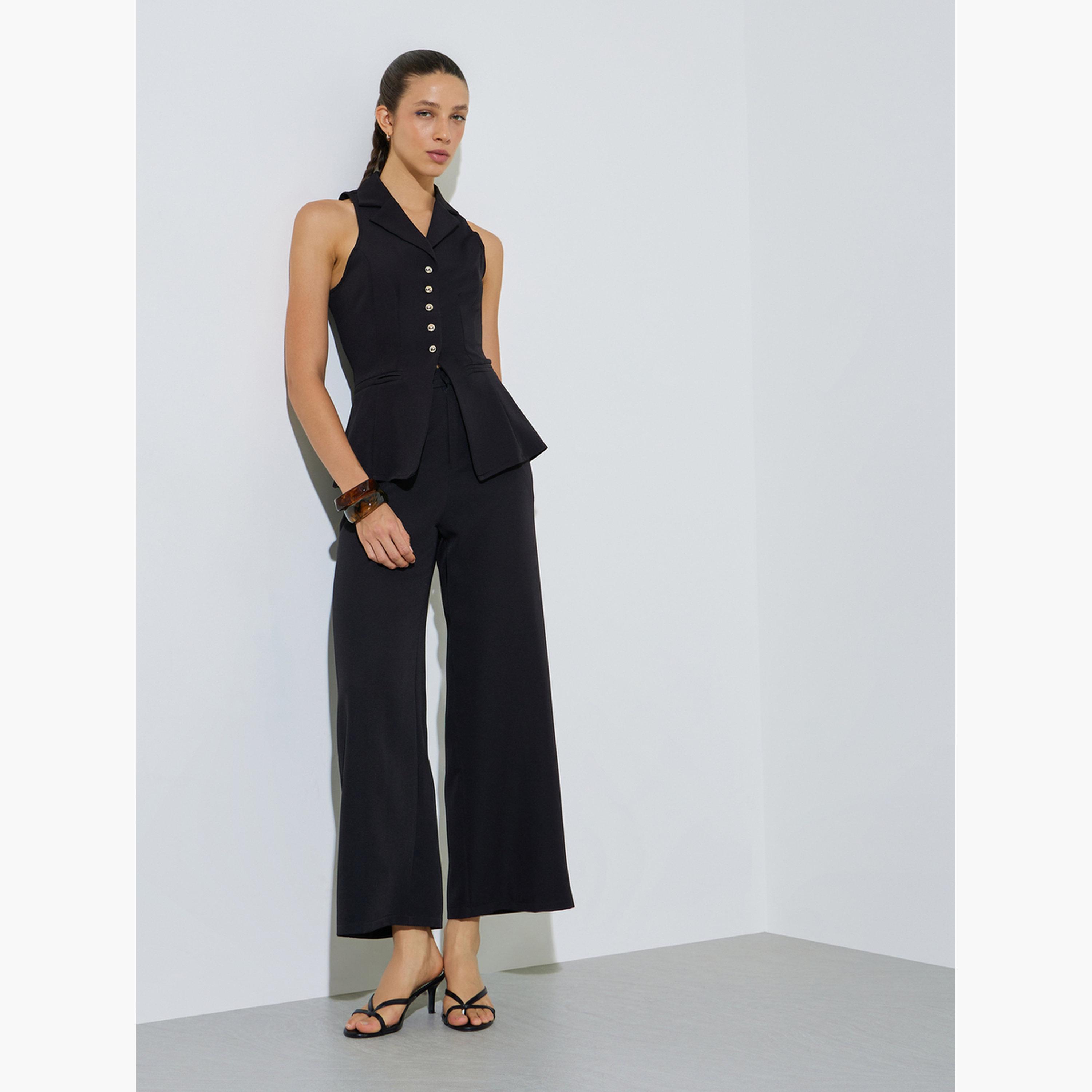 Styli Black Solid Wide Leg Pants-women-clothing-trousers-image-2