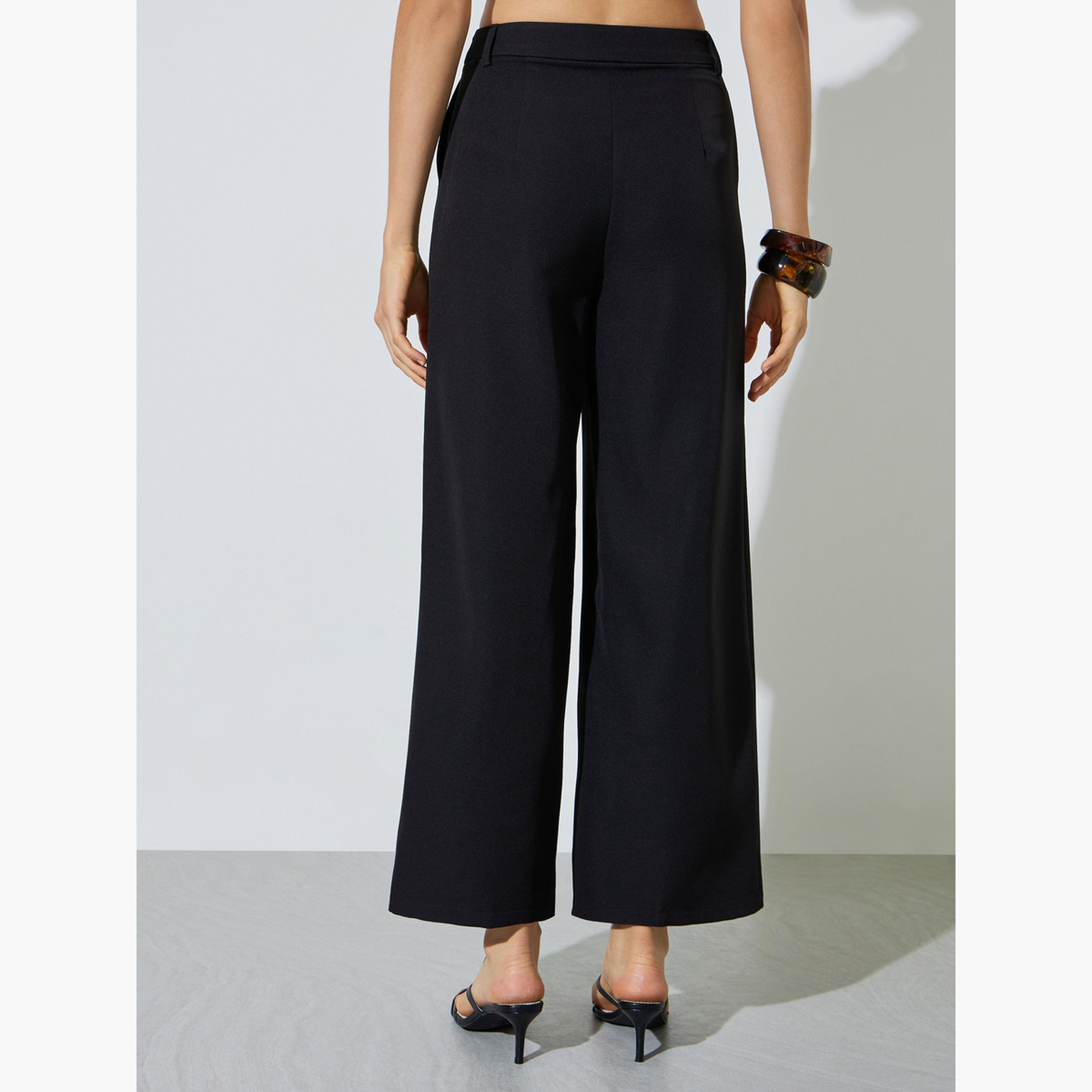 Styli Black Solid Wide Leg Pants-women-clothing-trousers-image-4