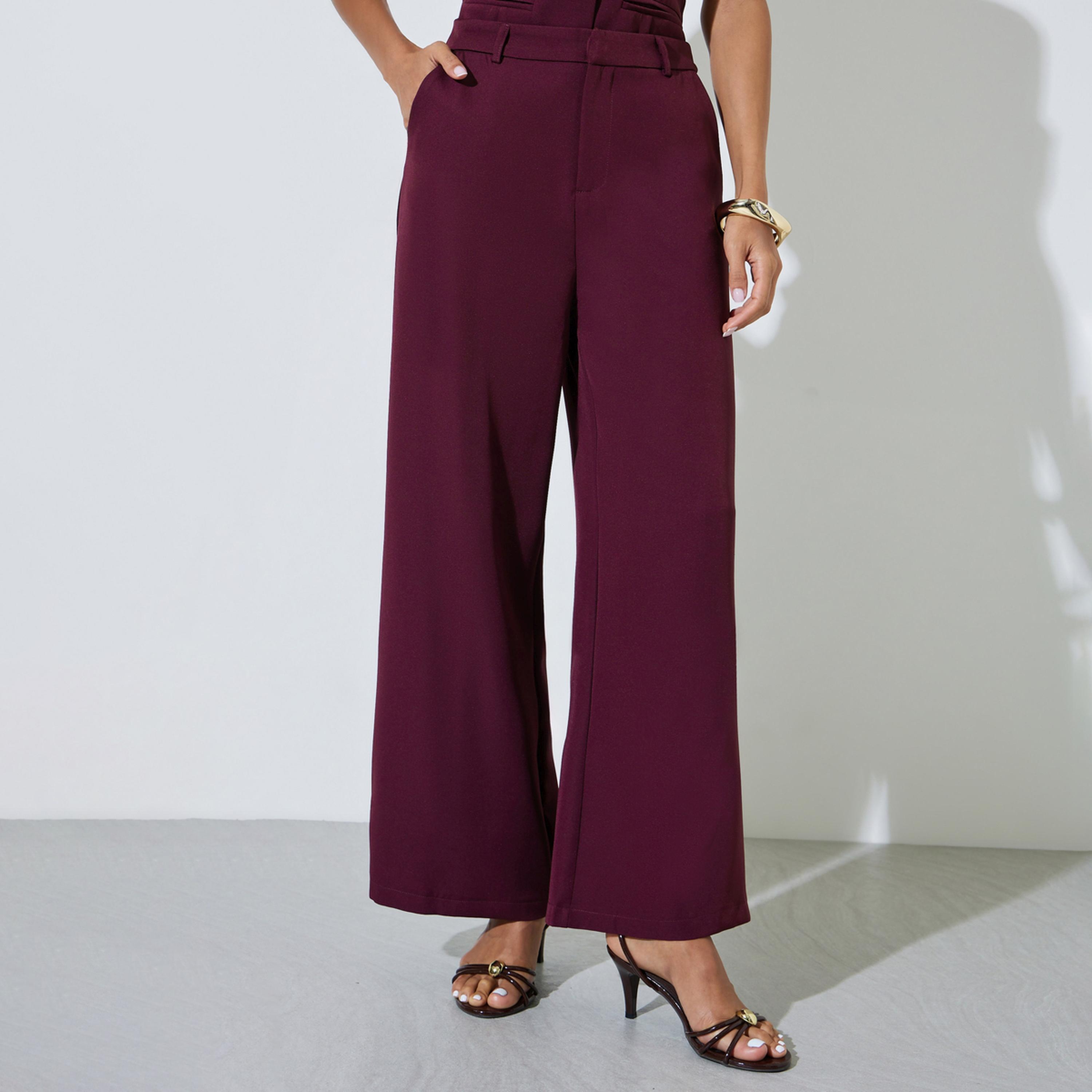 ستايلي - بنطلون واسع الساقين بلون برغندي سادة-women-clothing-bottoms-trousers-image-1