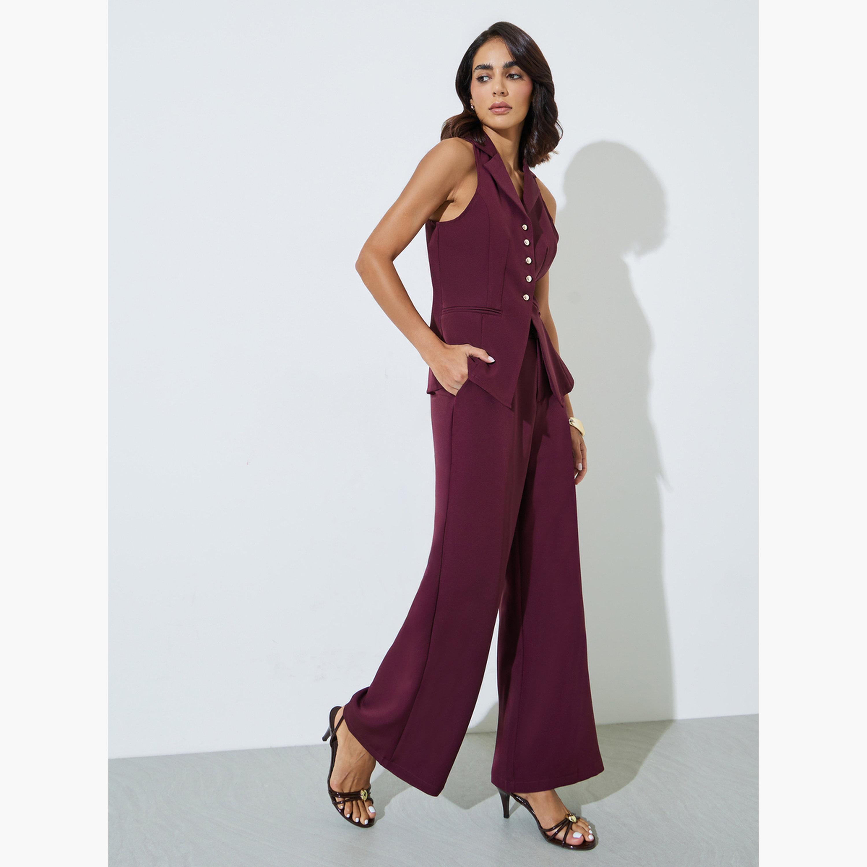 ستايلي - بنطلون واسع الساقين بلون برغندي سادة-women-clothing-bottoms-trousers-image-2