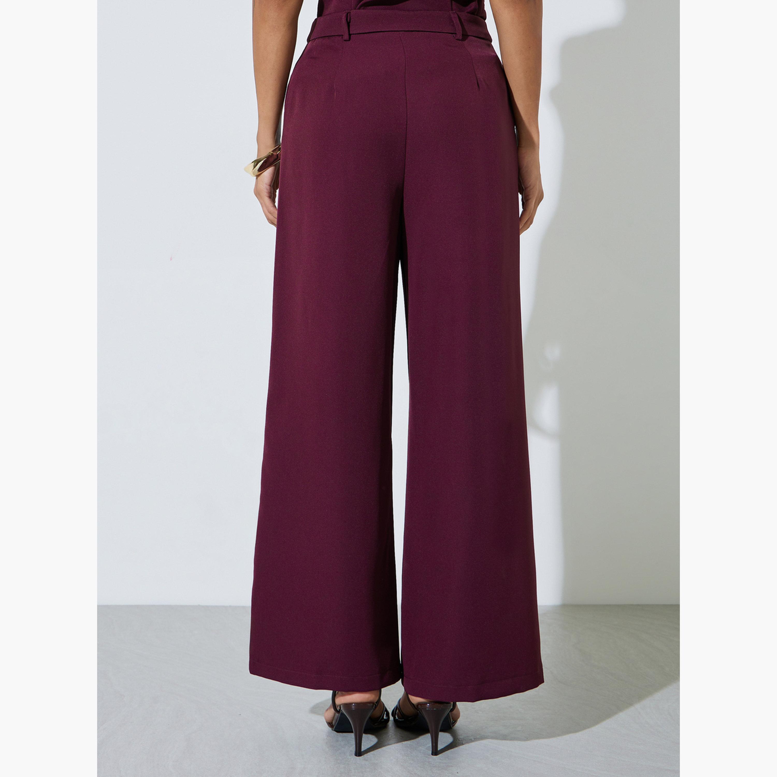 ستايلي - بنطلون واسع الساقين بلون برغندي سادة-women-clothing-bottoms-trousers-image-4