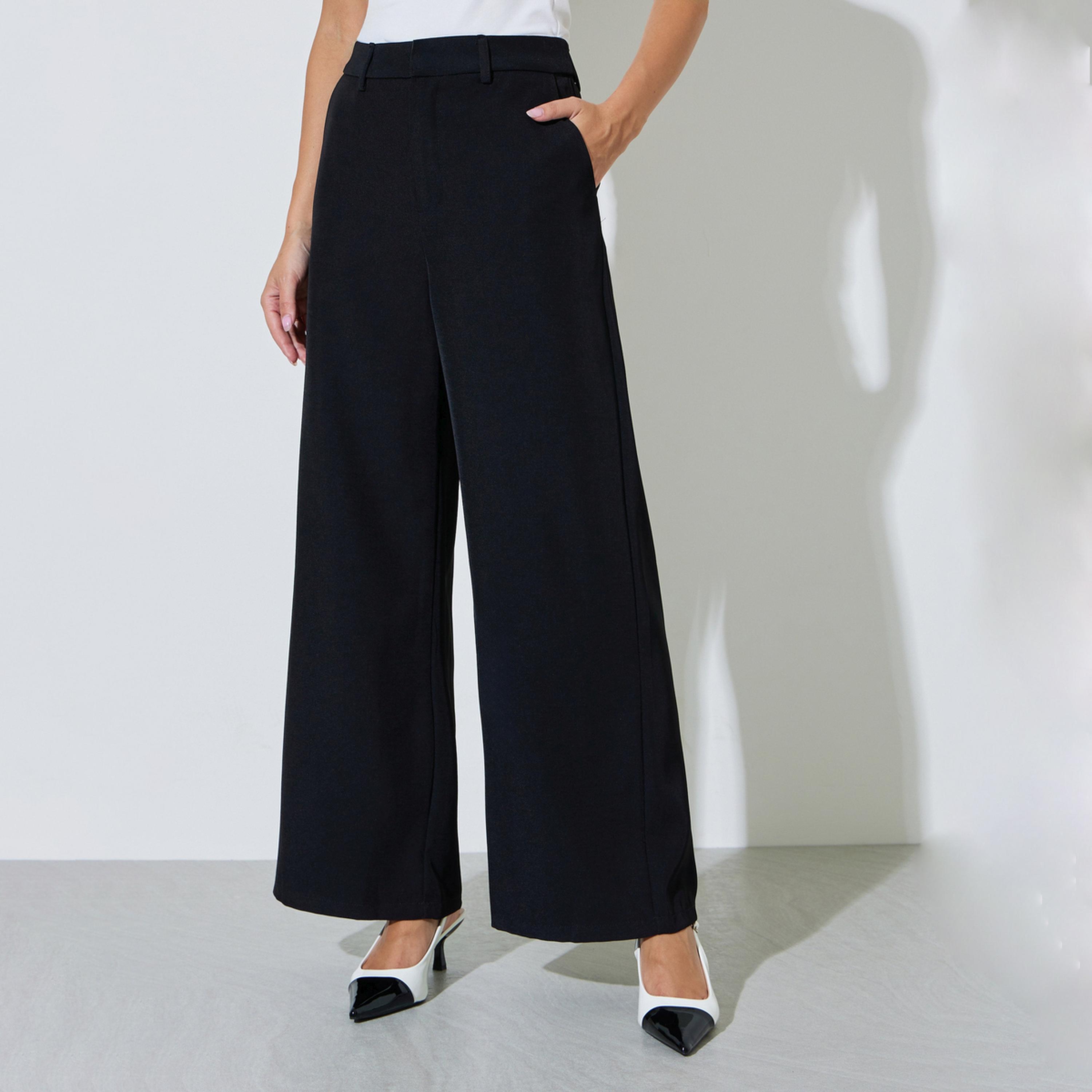 Styli Black Solid Wide Leg Pants-women-clothing-trousers-image-1