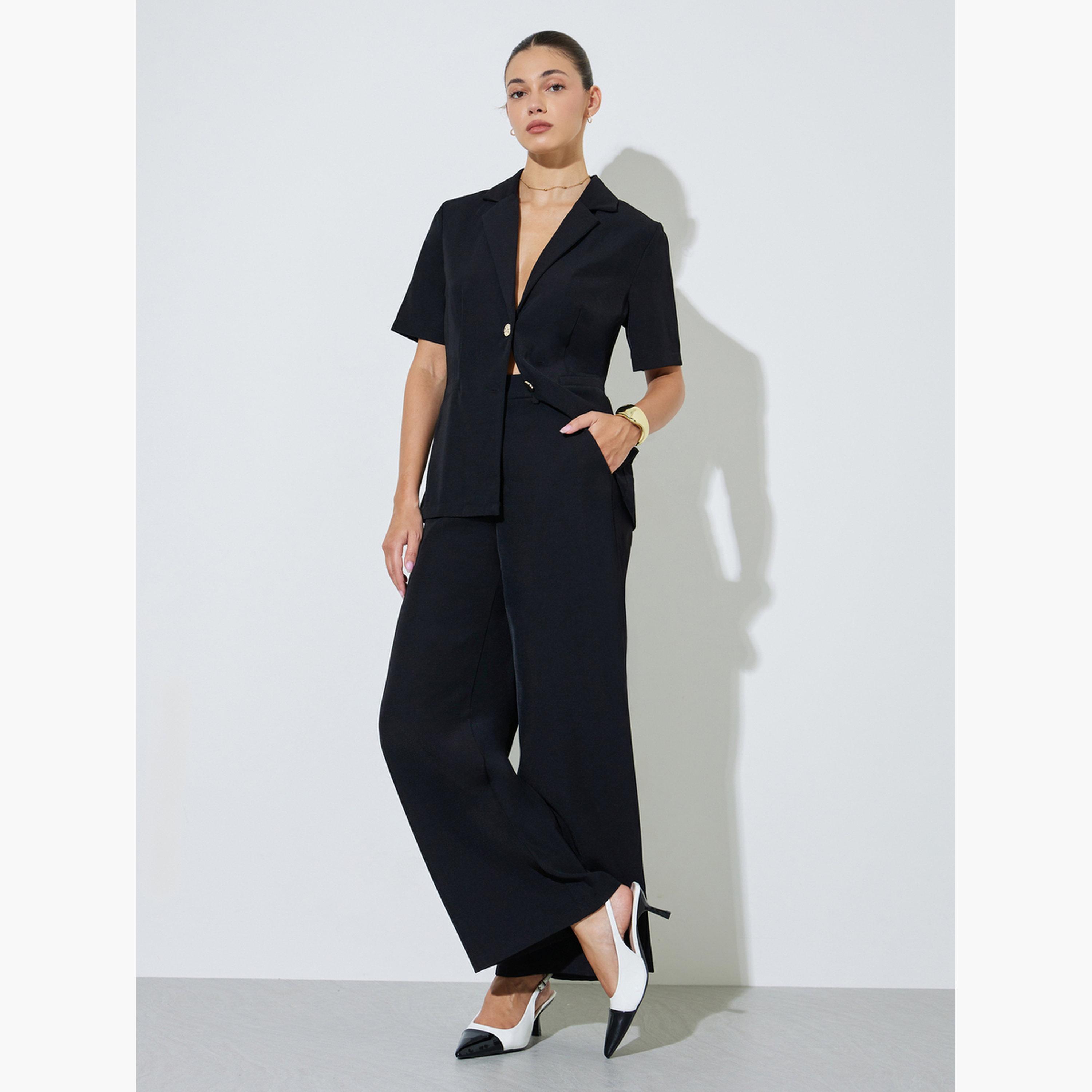 Styli Black Solid Wide Leg Pants-women-clothing-trousers-image-2