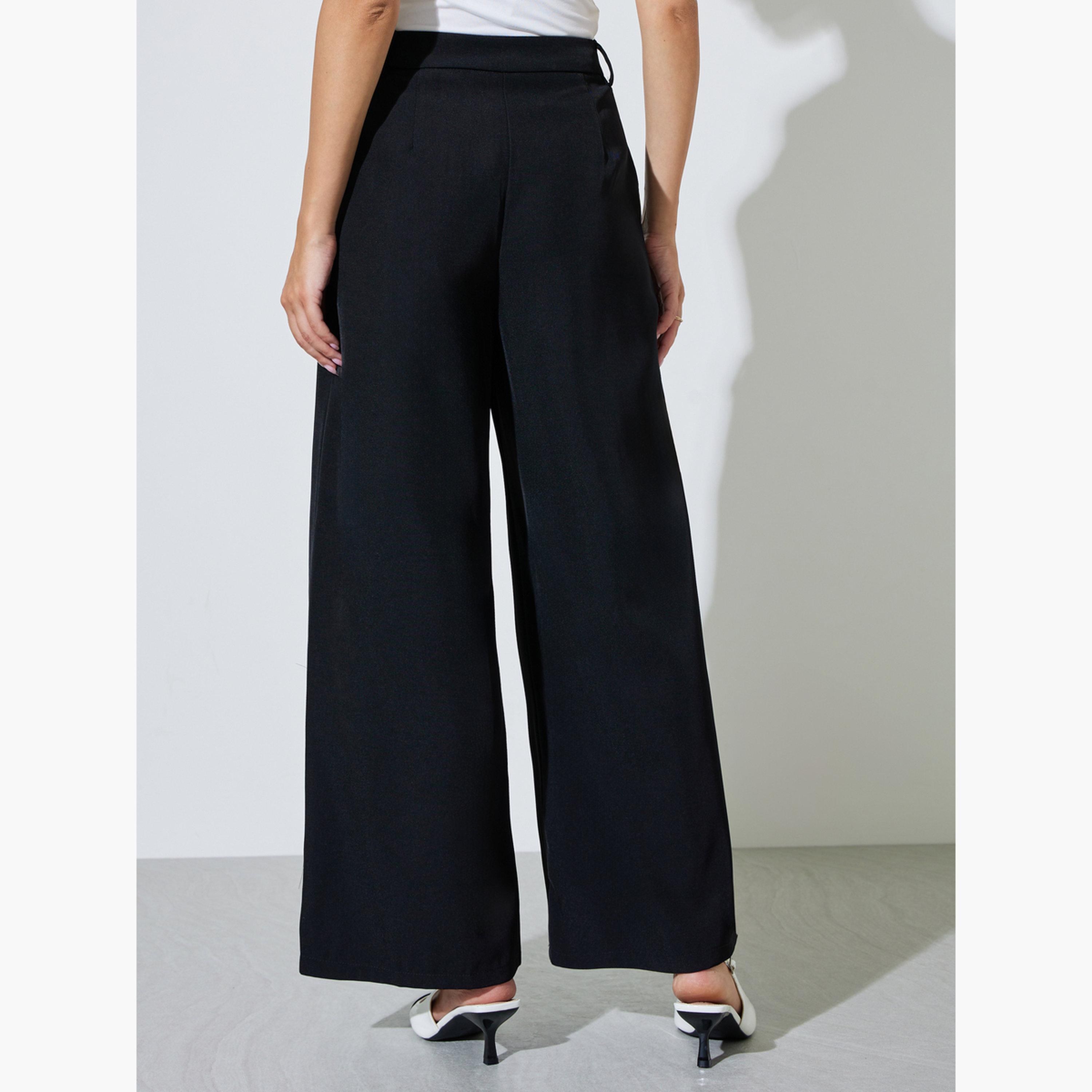 Styli Black Solid Wide Leg Pants-women-clothing-trousers-image-4