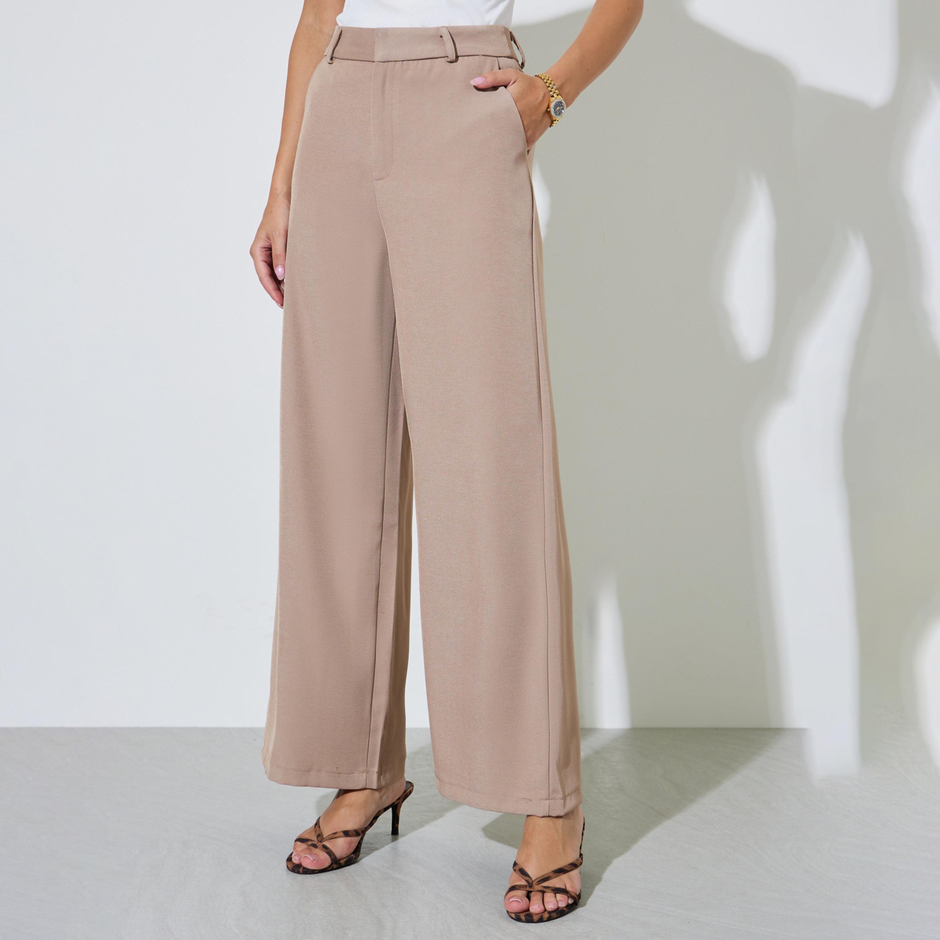 Styli Beige Solid Wide Leg Pants-women-clothing-trousers-image-1