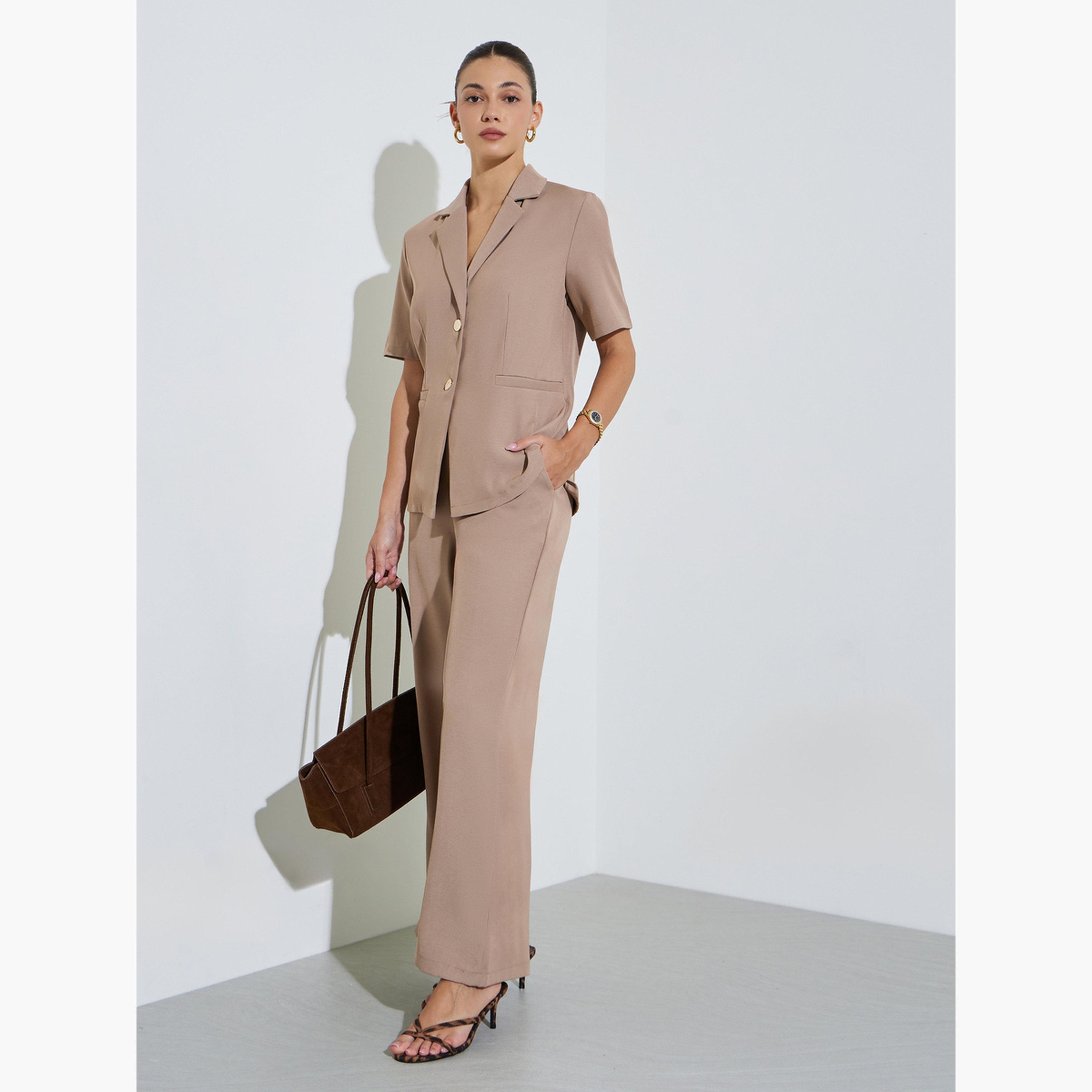 Styli Beige Solid Wide Leg Pants-women-clothing-trousers-image-2
