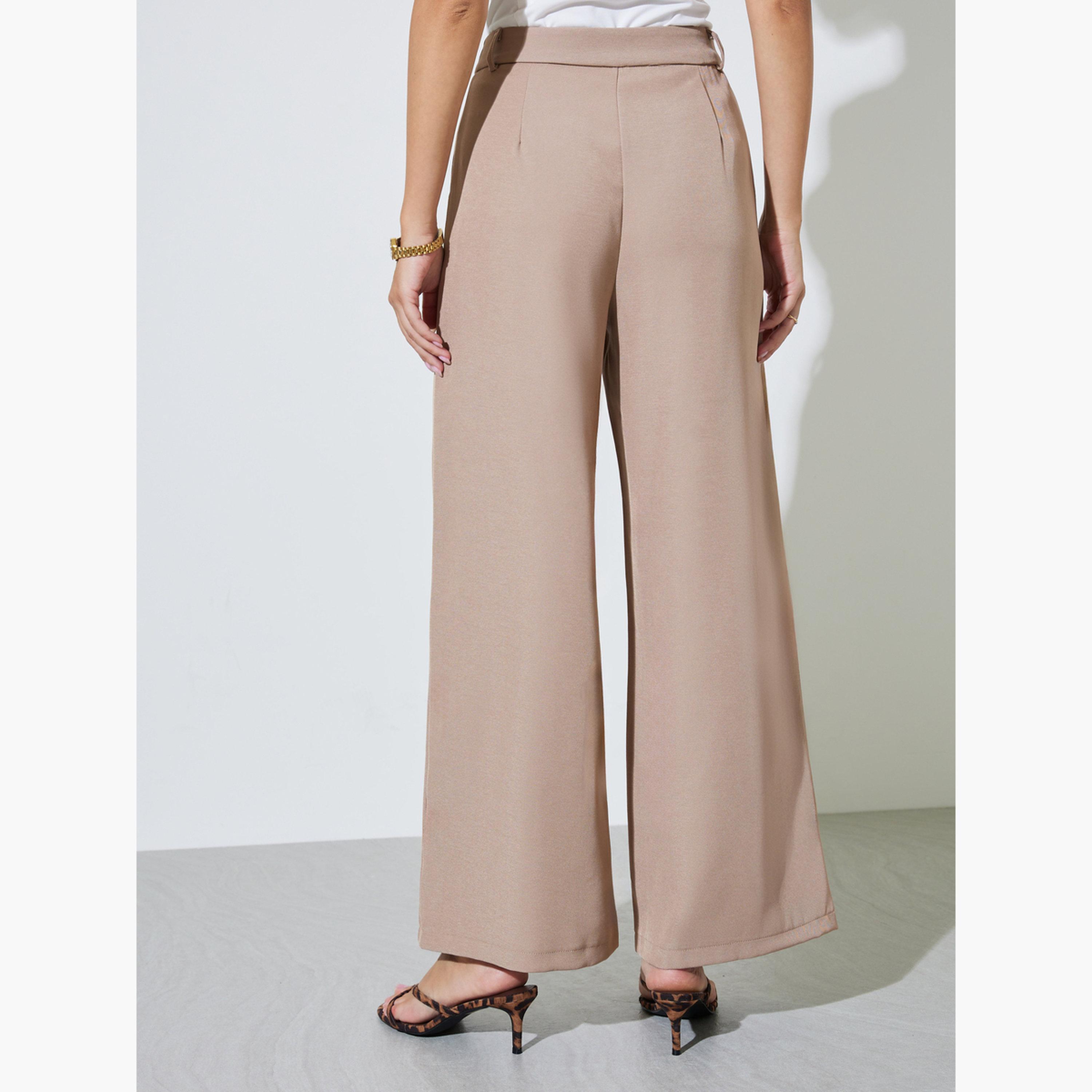 Styli Beige Solid Wide Leg Pants-women-clothing-trousers-image-4