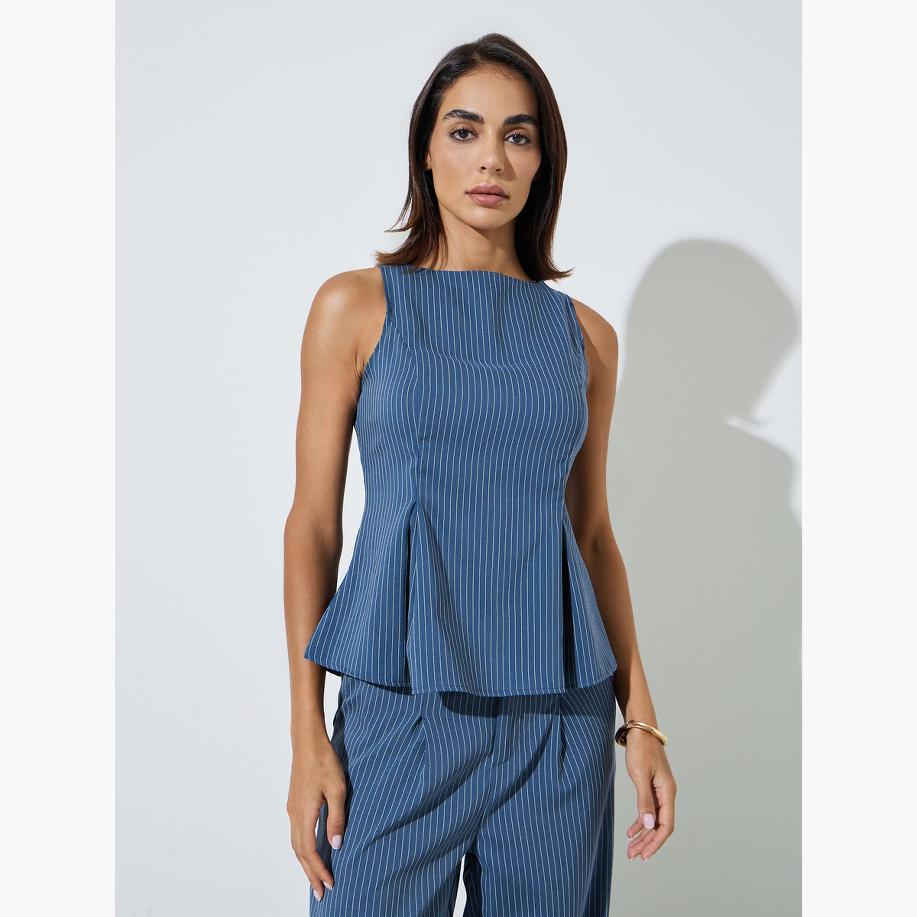 بلوزة بلا أكمام بنمط خطوط رفيعة وبكسرات-women-clothing-shirtsandblouses-blouses-image-1