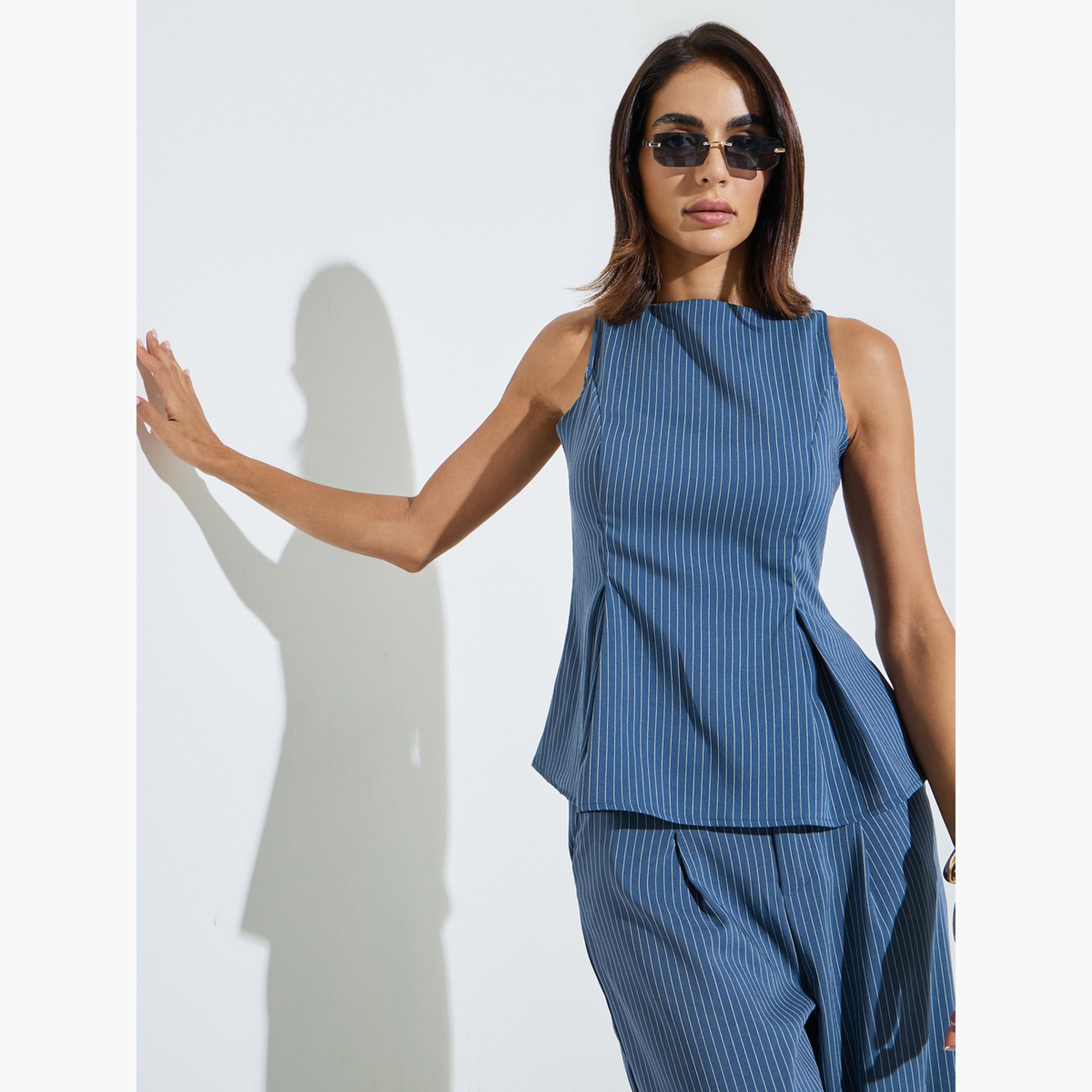 بلوزة بلا أكمام بنمط خطوط رفيعة وبكسرات-women-clothing-shirtsandblouses-blouses-image-3