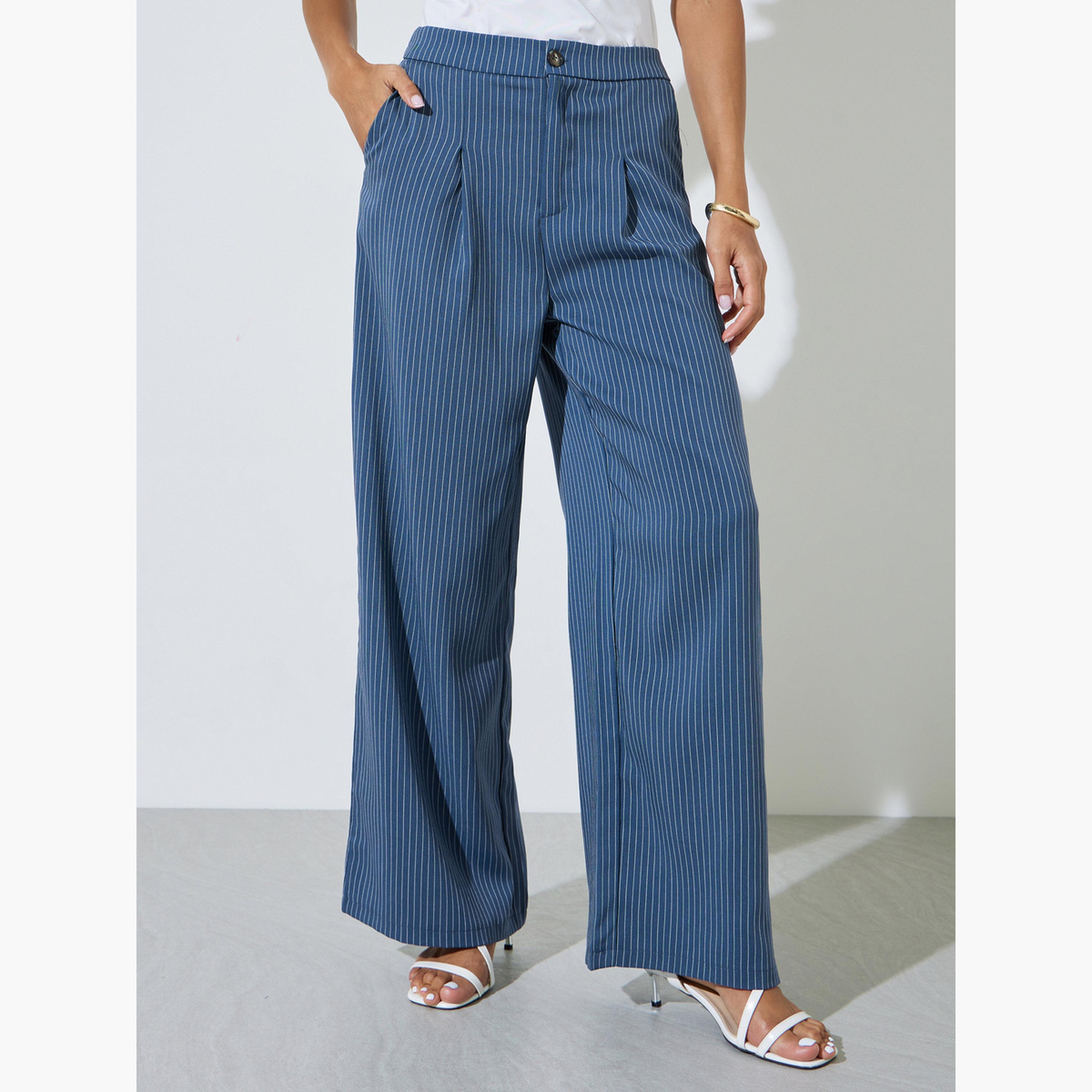 ستايلي - بنطال واسع الساقين مخطط باللون الأزرق-women-clothing-bottoms-trousers-image-1