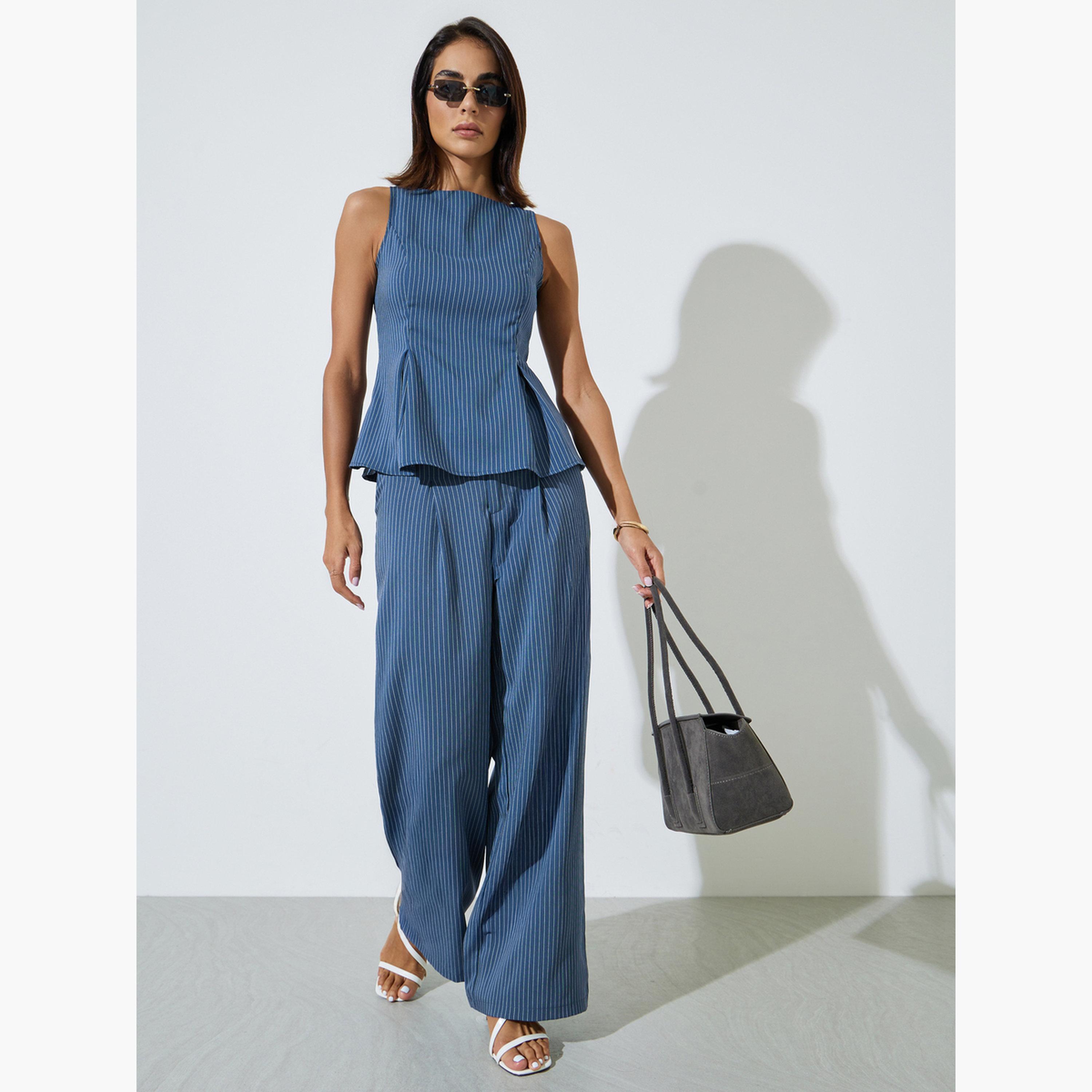 ستايلي - بنطال واسع الساقين مخطط باللون الأزرق-women-clothing-bottoms-trousers-image-2